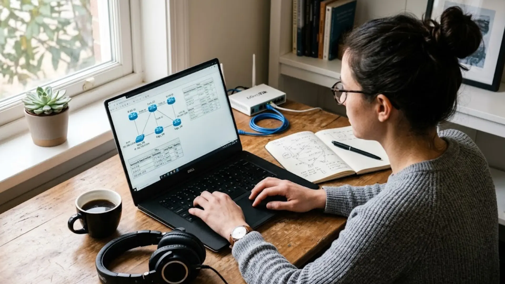 student practicing ccna network topology questions on laptop beside a router and handwritten notes