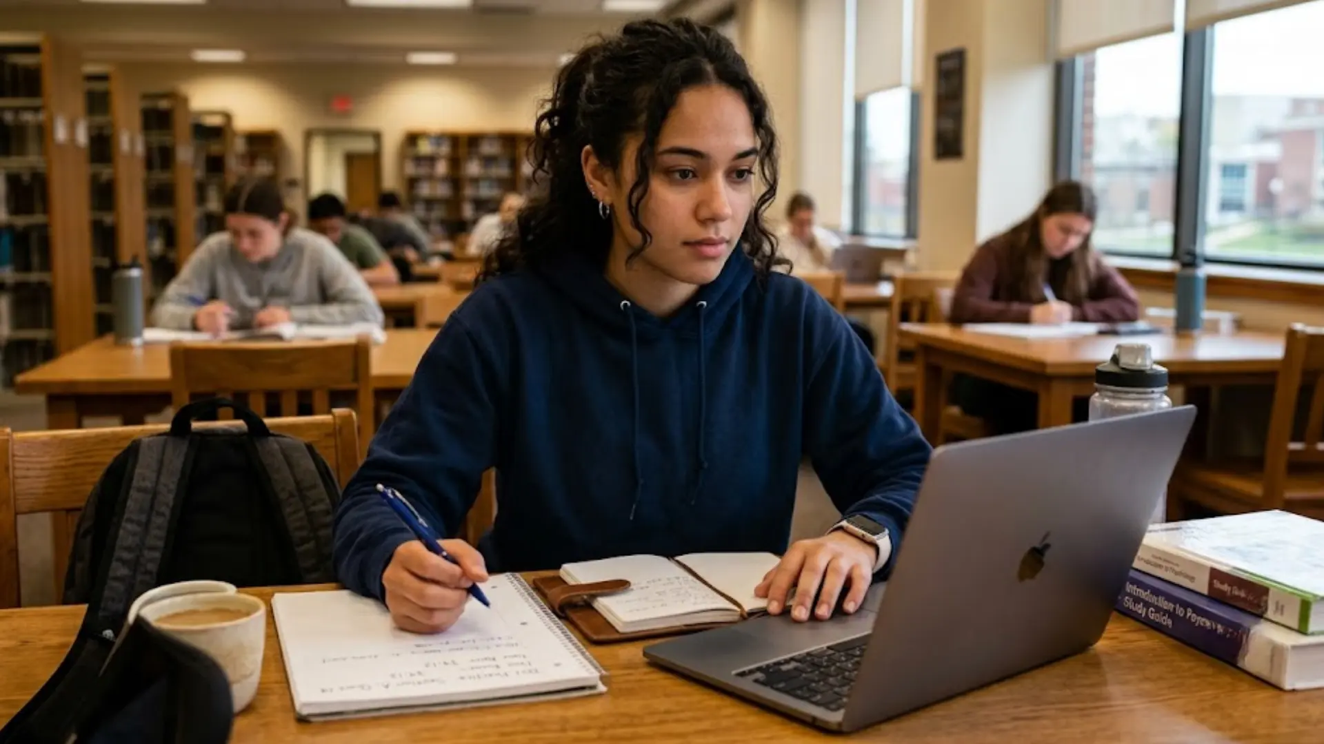 student studying for the ged science practice test with a laptop and notebook in a quiet library