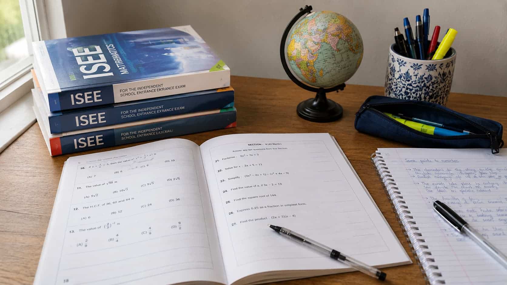 study desk with icse textbooks, open workbook, notebook, pencil case, and stationery in natural window light