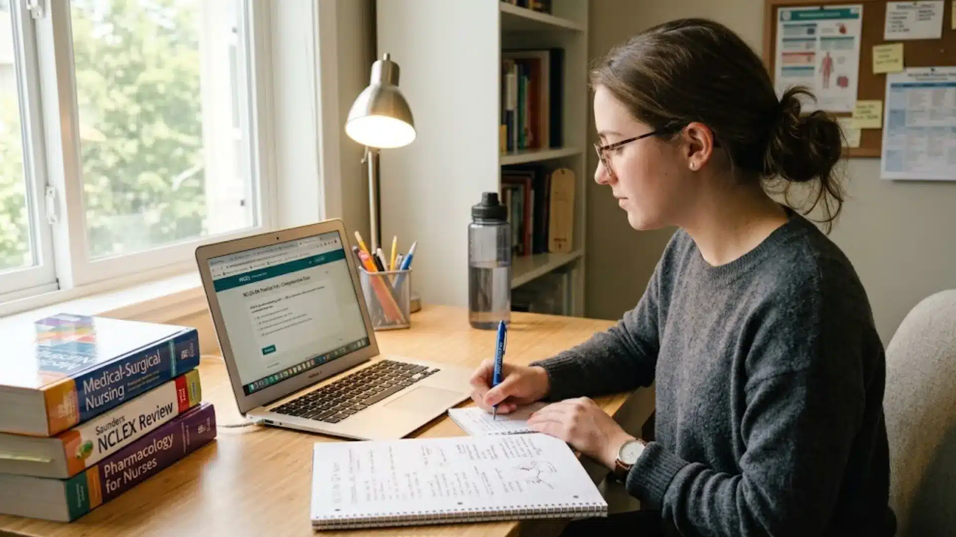 nursing student studying on a laptop with review books and handwritten notes at a desk</p>
<p>Free practice tests target weak areas fast and help improve performance.
