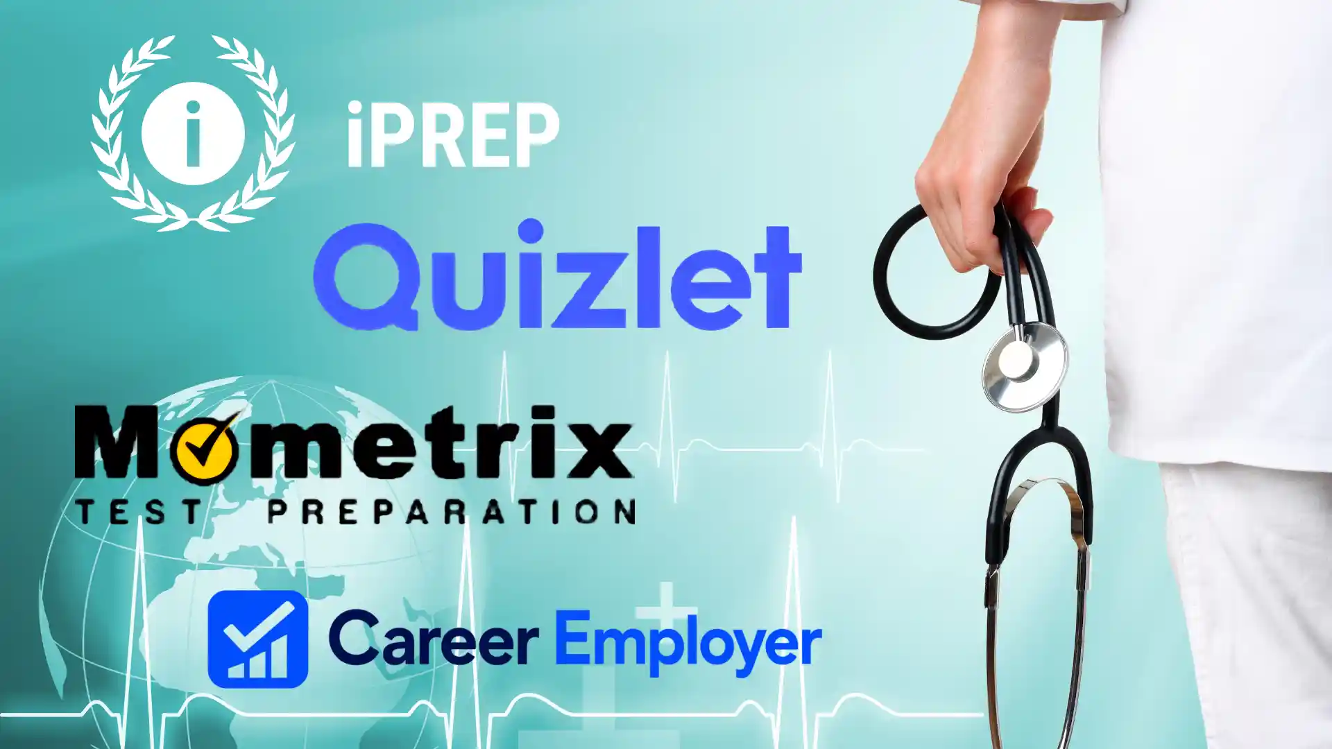test prep brand logos on a medical-themed background beside a hand holding a stethoscope