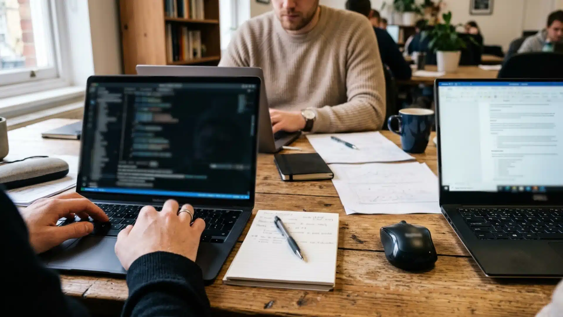 people work on laptops around a wooden table, with code on one screen, documents, notebooks, pens, and coffee mugs