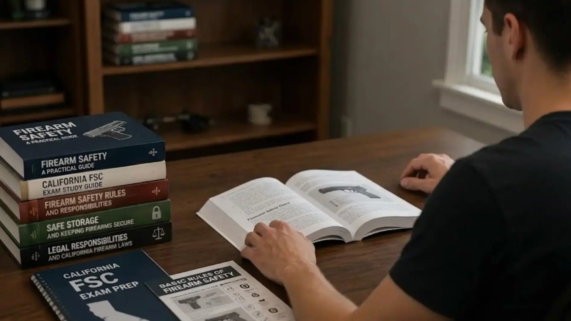 man studies california firearm safety exam guides and legal responsibility materials at a wooden desk