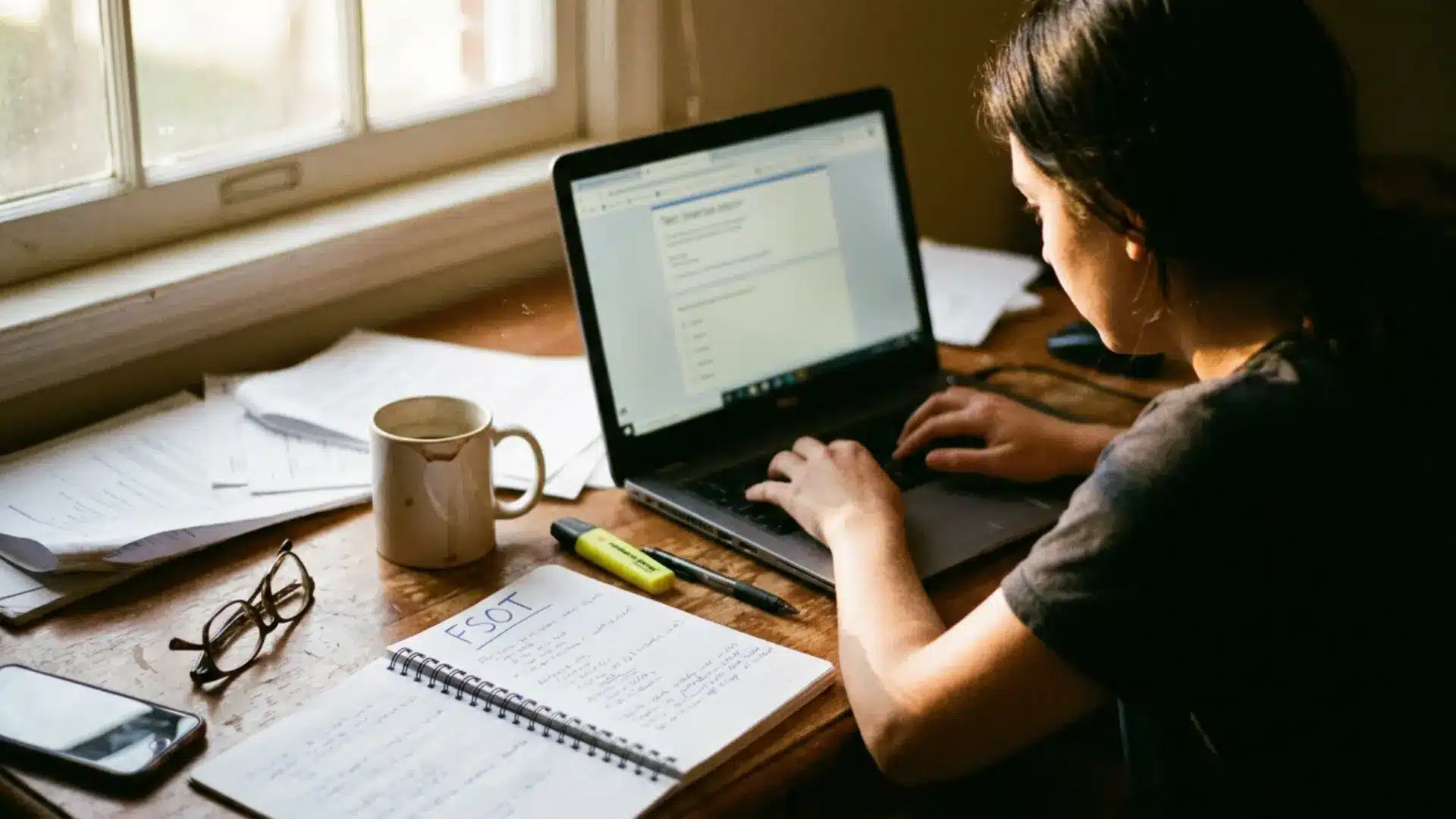 person typing on a laptop with an fsot notebook, coffee, and glasses on the desk
