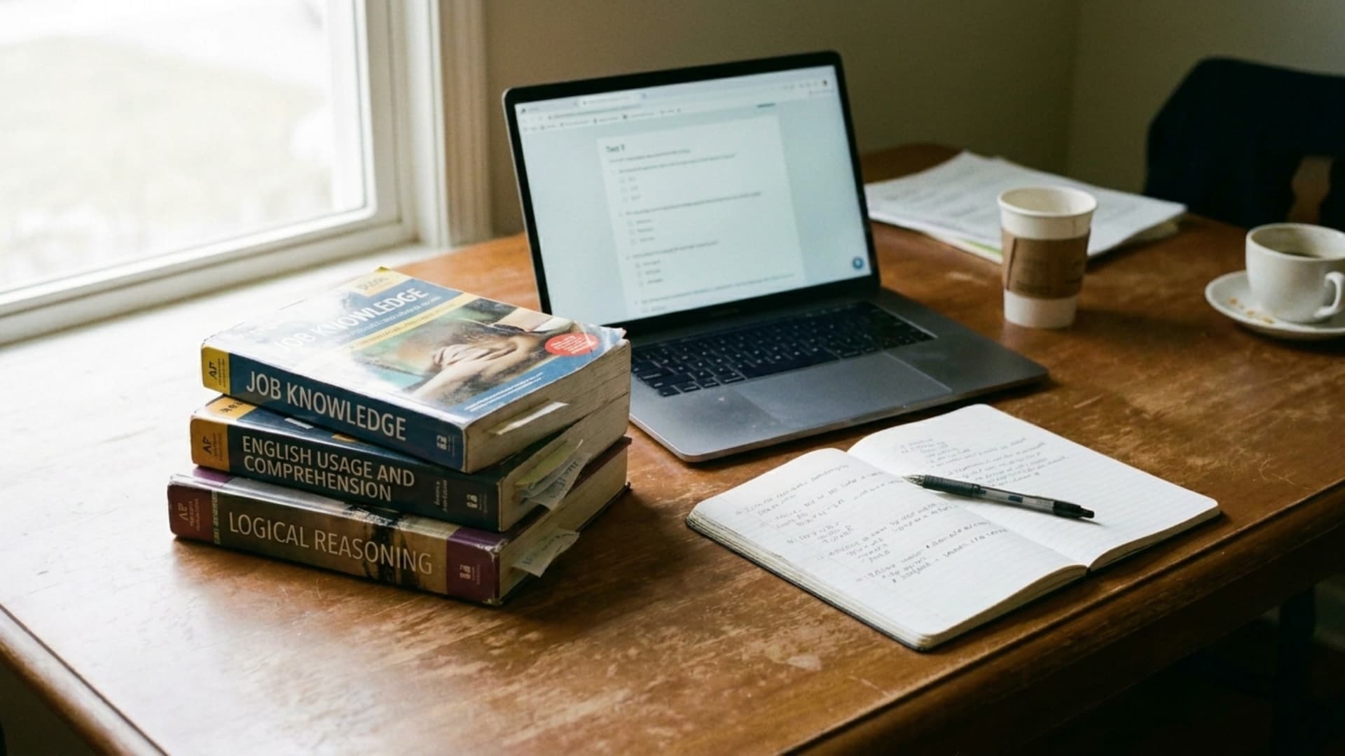 fsot study guides for job knowledge, english usage, and logical reasoning beside a laptop