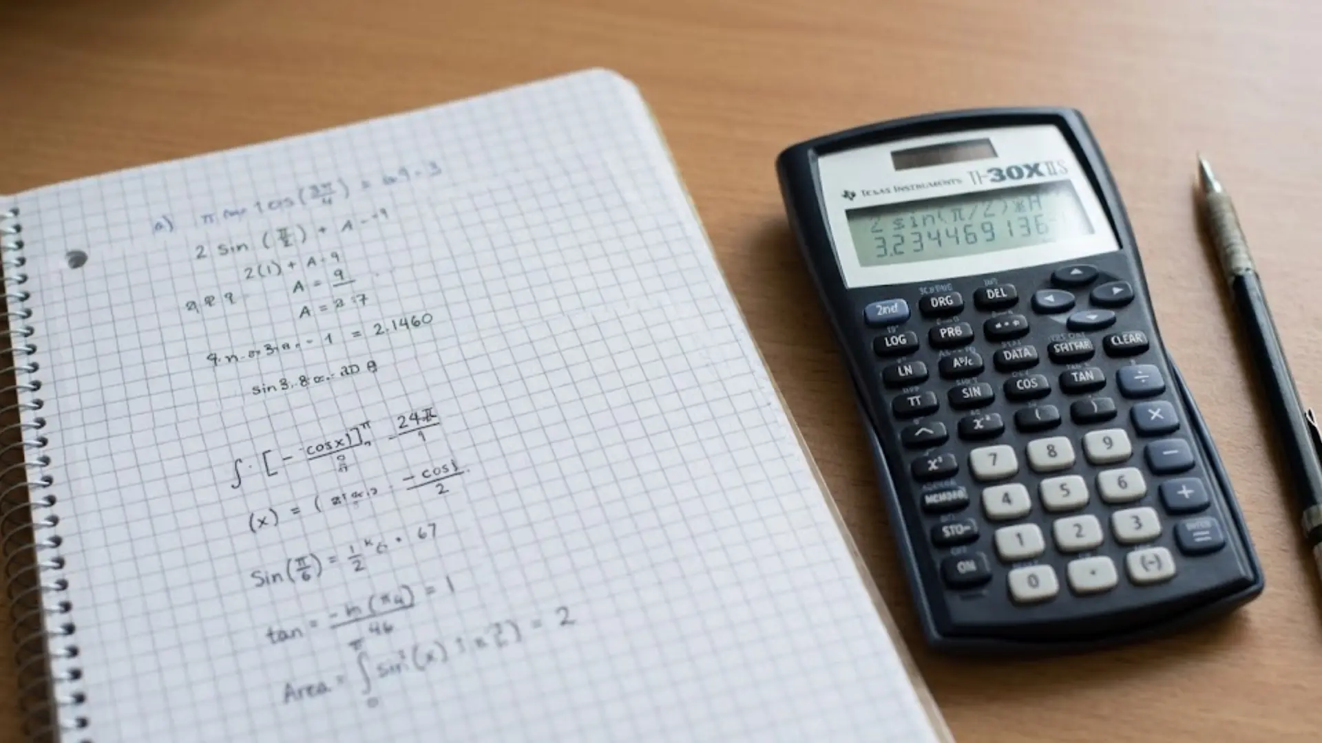 ged math practice setup with calculator handwritten equations in a notebook, and pencil on the desk