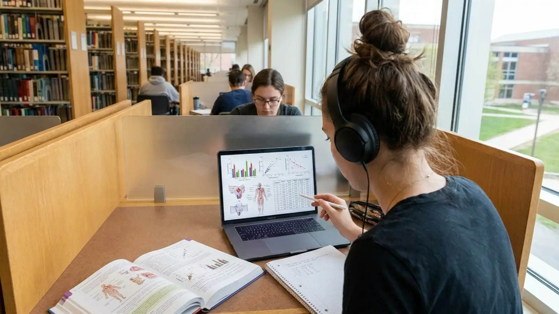 student wearing headphones studies at a desk in a library with a laptop displaying anatomical diagrams and charts
