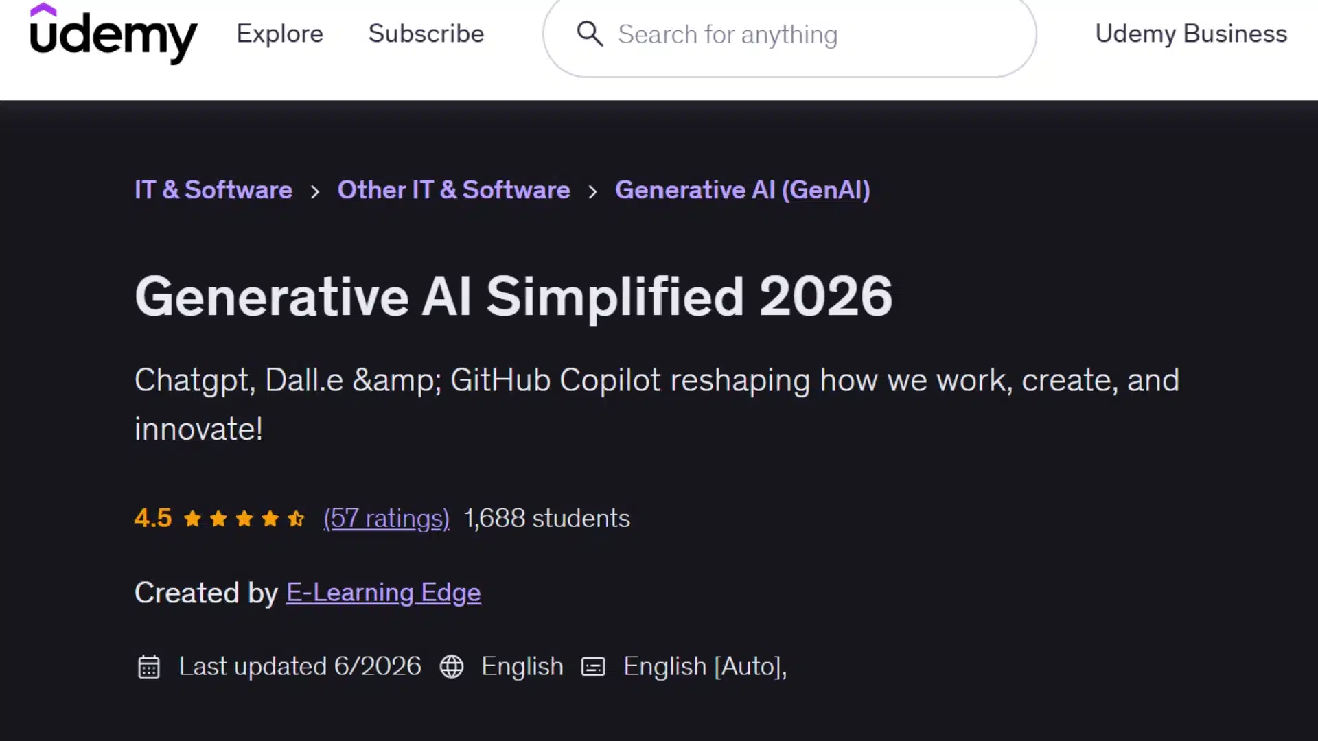 udemy course page explaining generative ai tools and how they support creative work and productivity