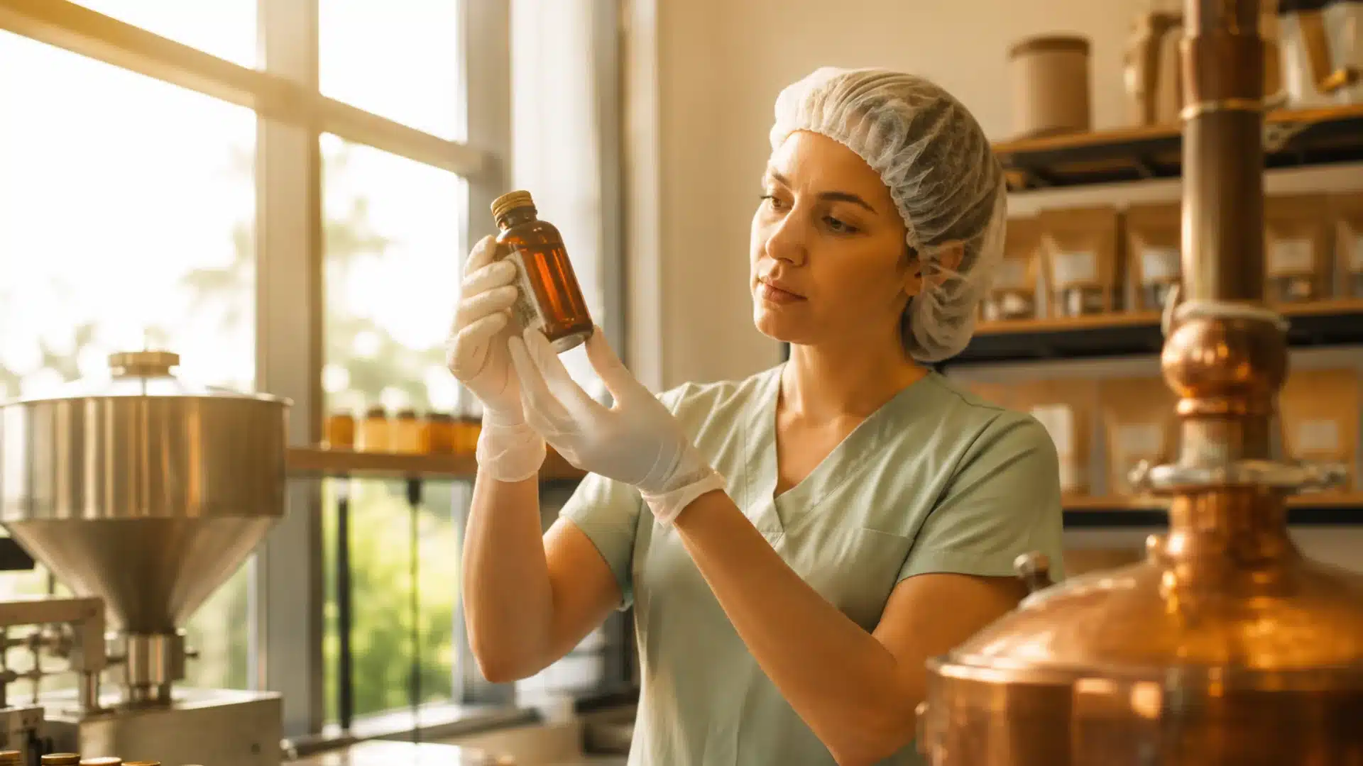 worker inspecting product bottle with certification document in facility