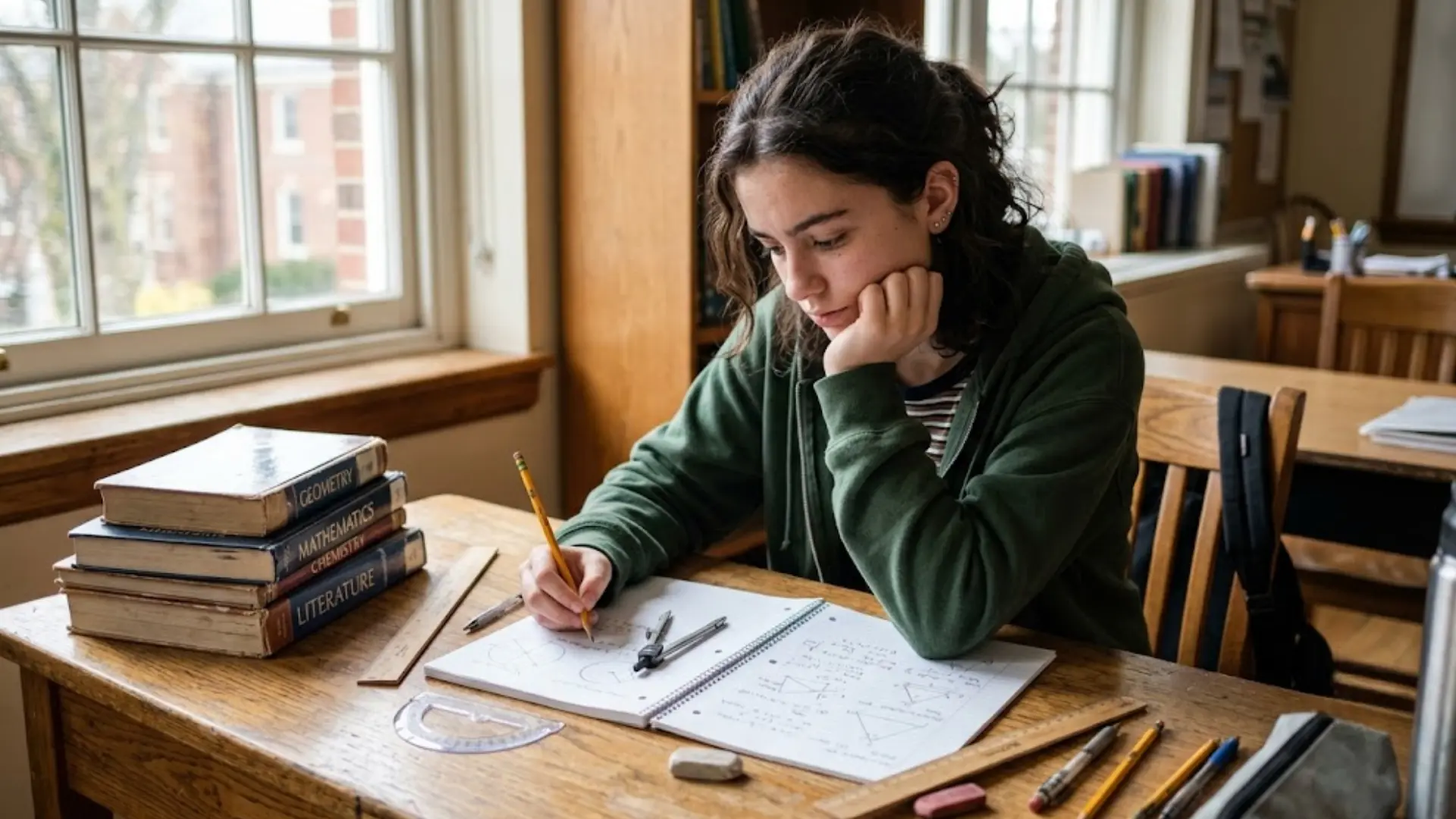student solving geometry problems with pencil and compass surrounded by stacked textbooks on desk