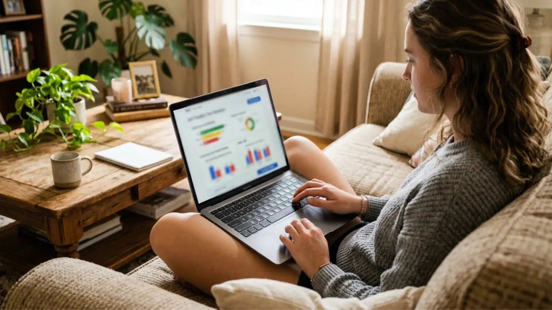 a woman sits on a sofa using a laptop displaying charts, with a coffee mug, notebook, and plants on a nearby table