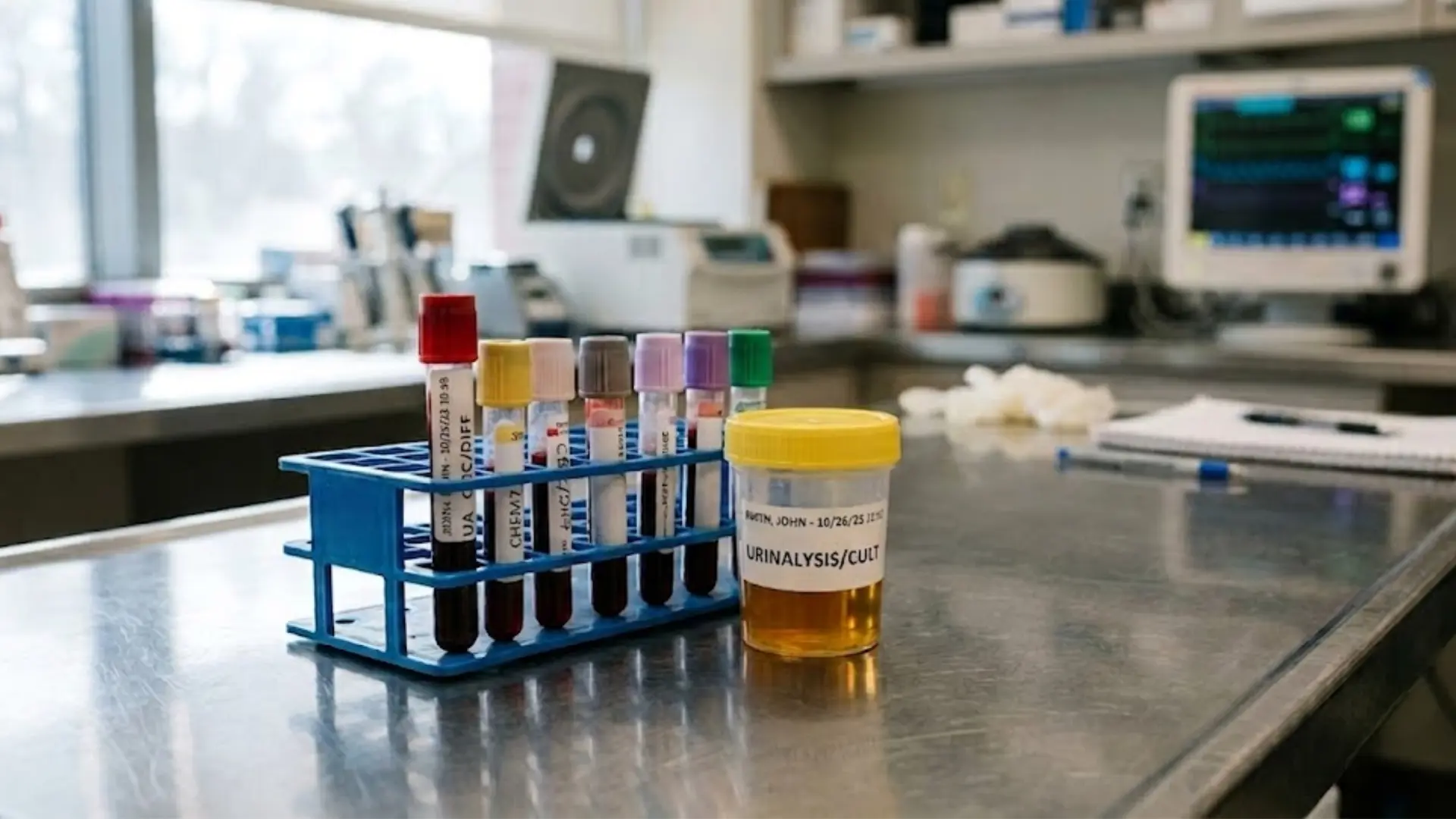 blood sample tubes and a urine specimen container arranged on a clinical laboratory testing counter