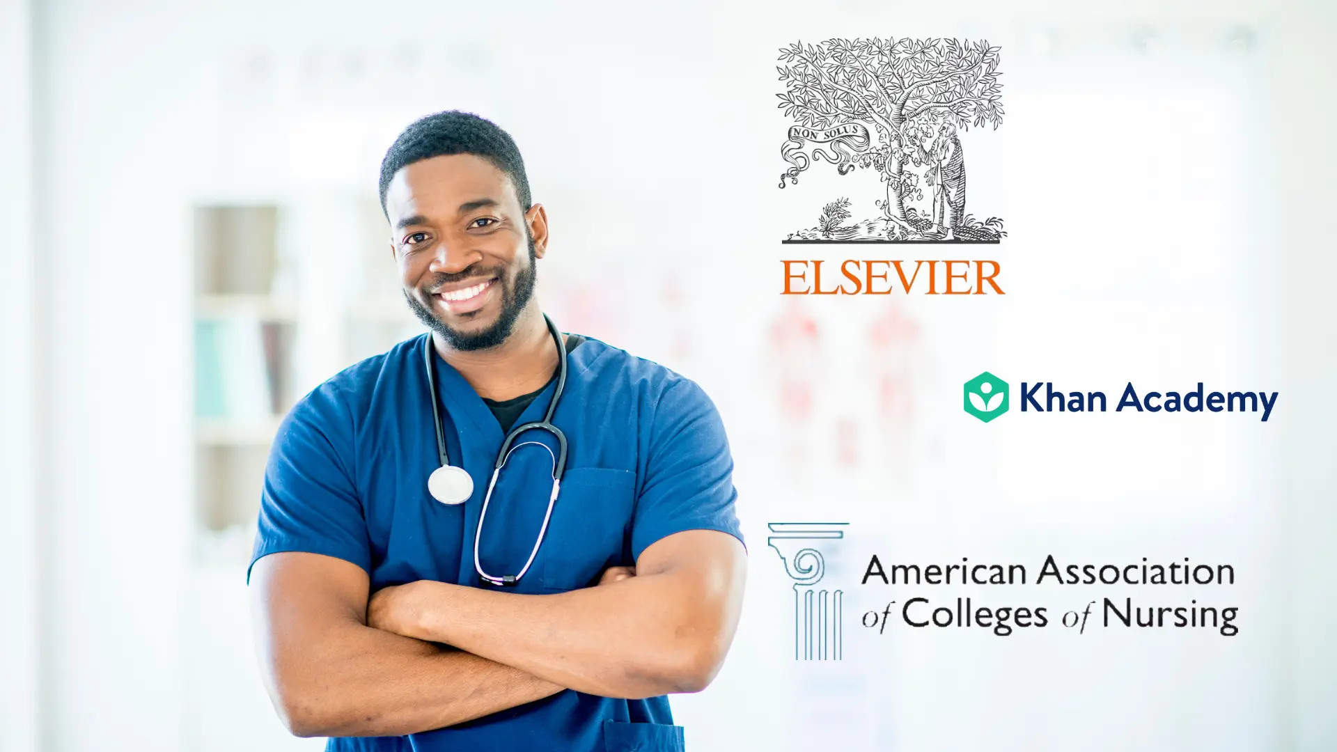 a nursing student in blue scrubs with elsevier, khan academy, and aacn logos displayed alongside