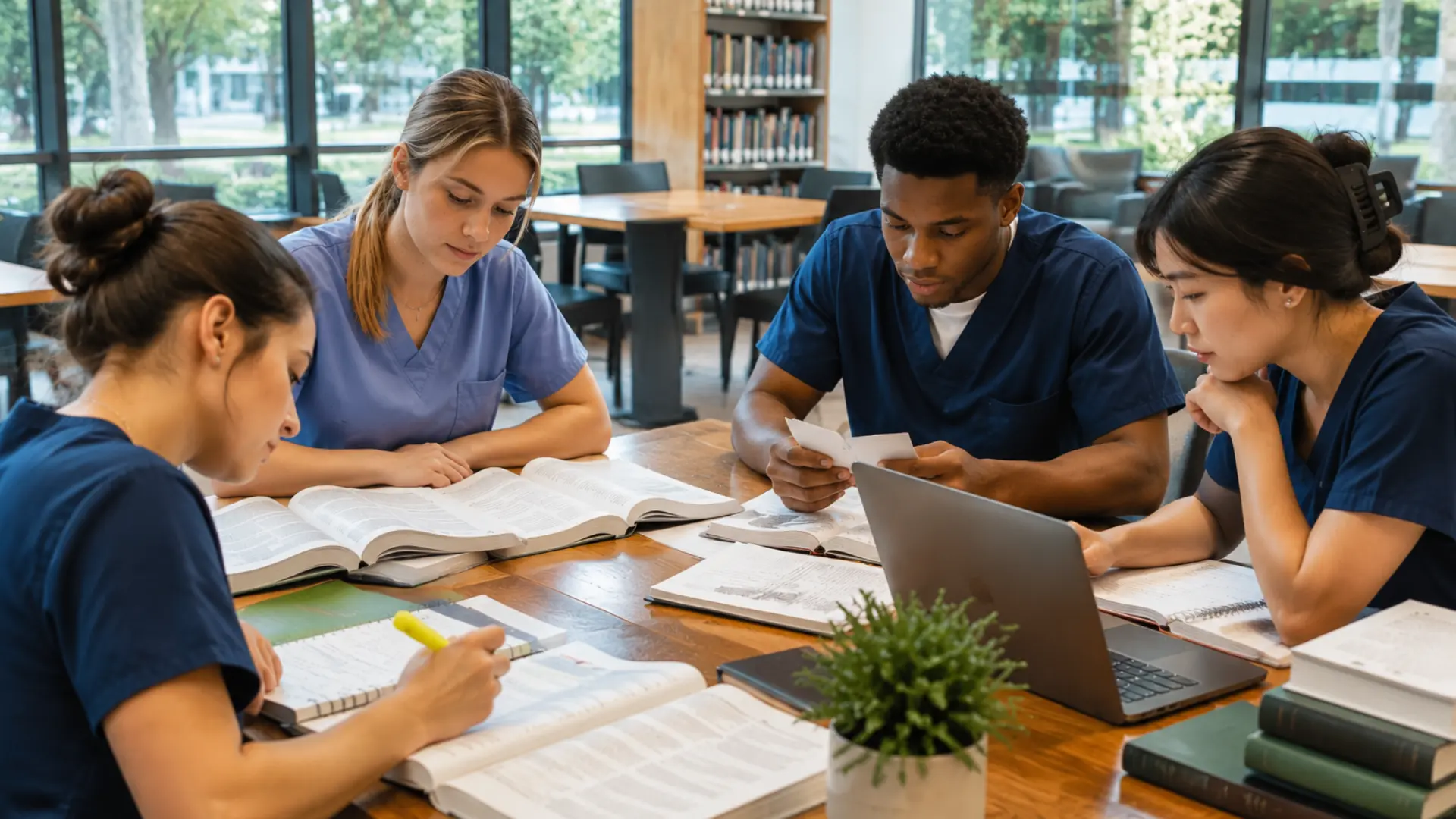 nursing students studying together at a library table with books notebooks and laptops in a bright academic space