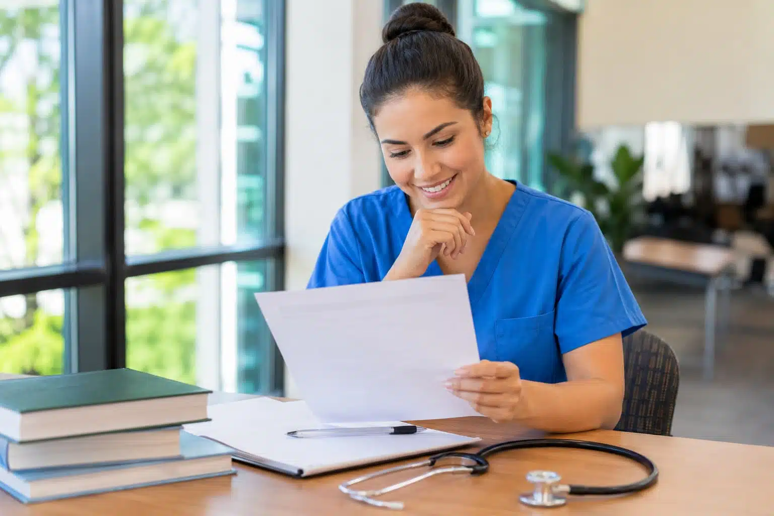 nursing student in scrubs reviewing an exam paper at a study desk with books, notebook, and stethoscope nearby