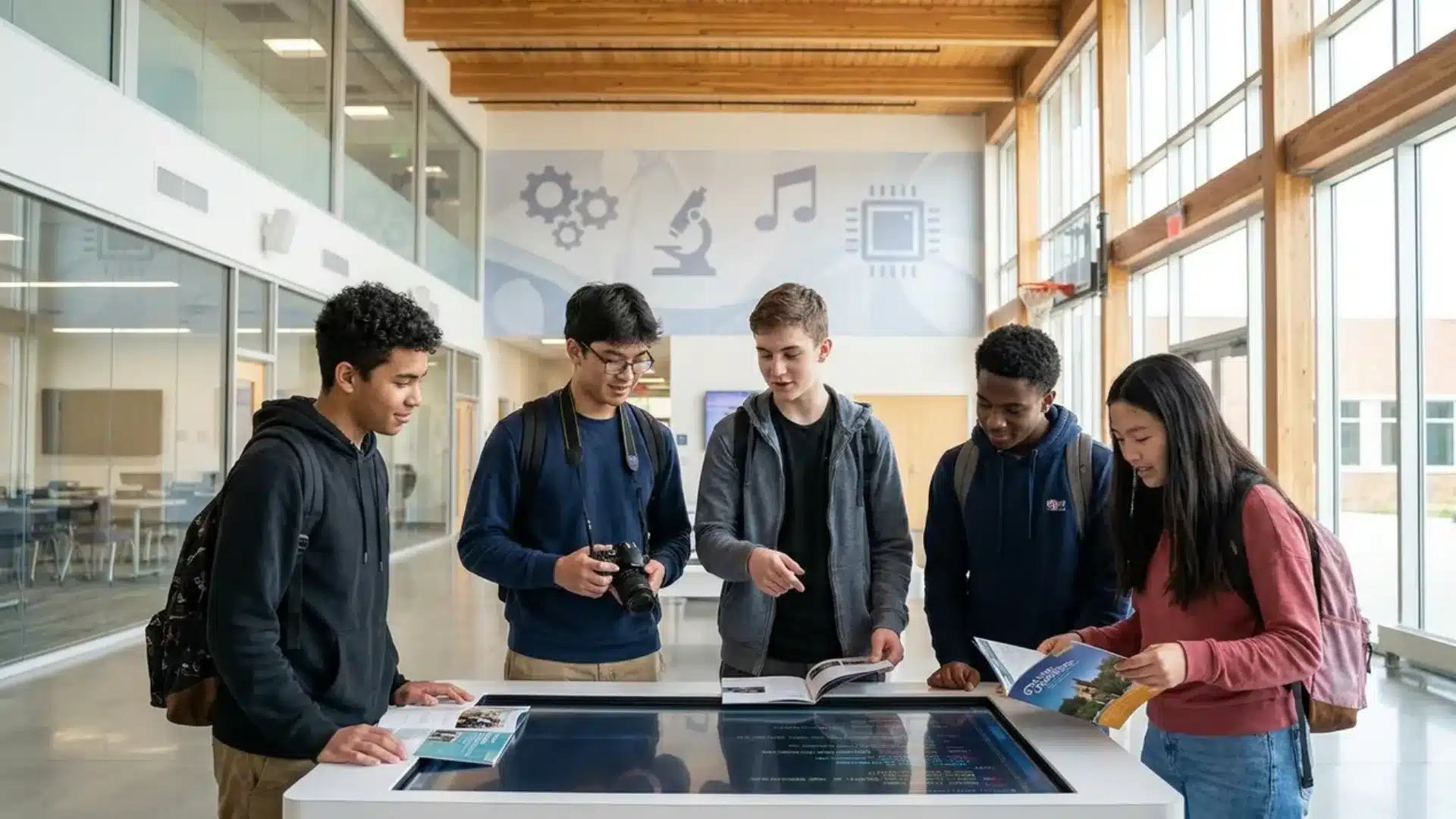 five diverse students gather around a modern interactive touchscreen table in a bright, contemporary hallway