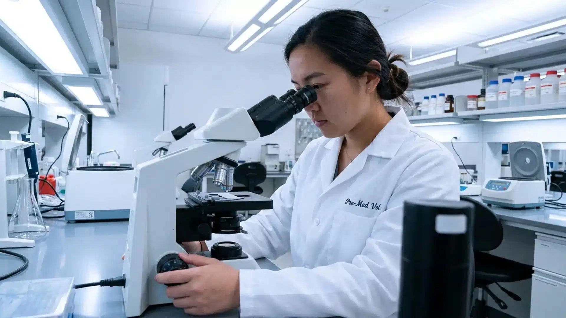 pre-med volunteer in a lab coat examining a sample under a microscope in a science lab