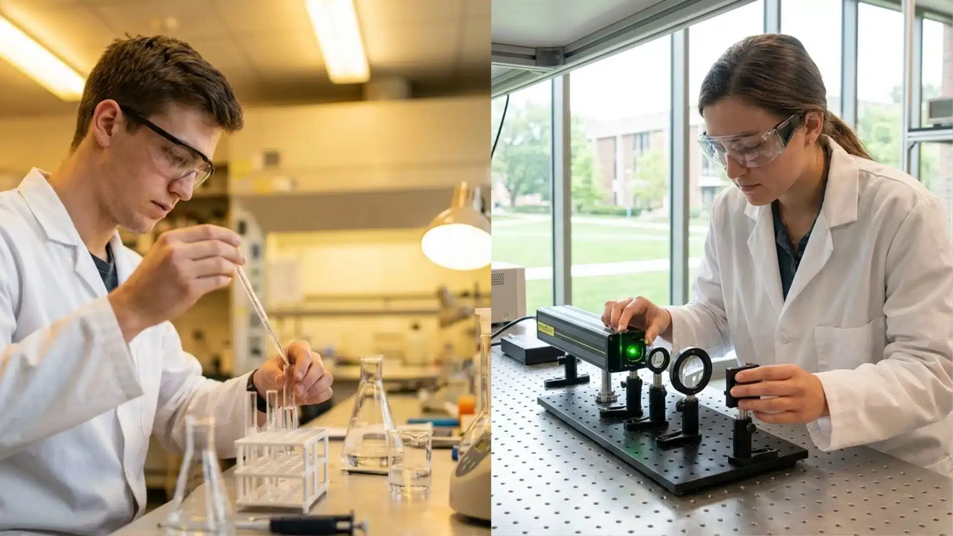 split image of a chemistry student pipetting test tubes and a physics student aligning a laser optics setup