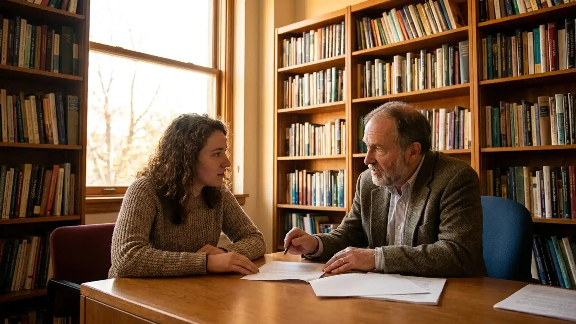 professor discussing papers with a student at a desk in a library office