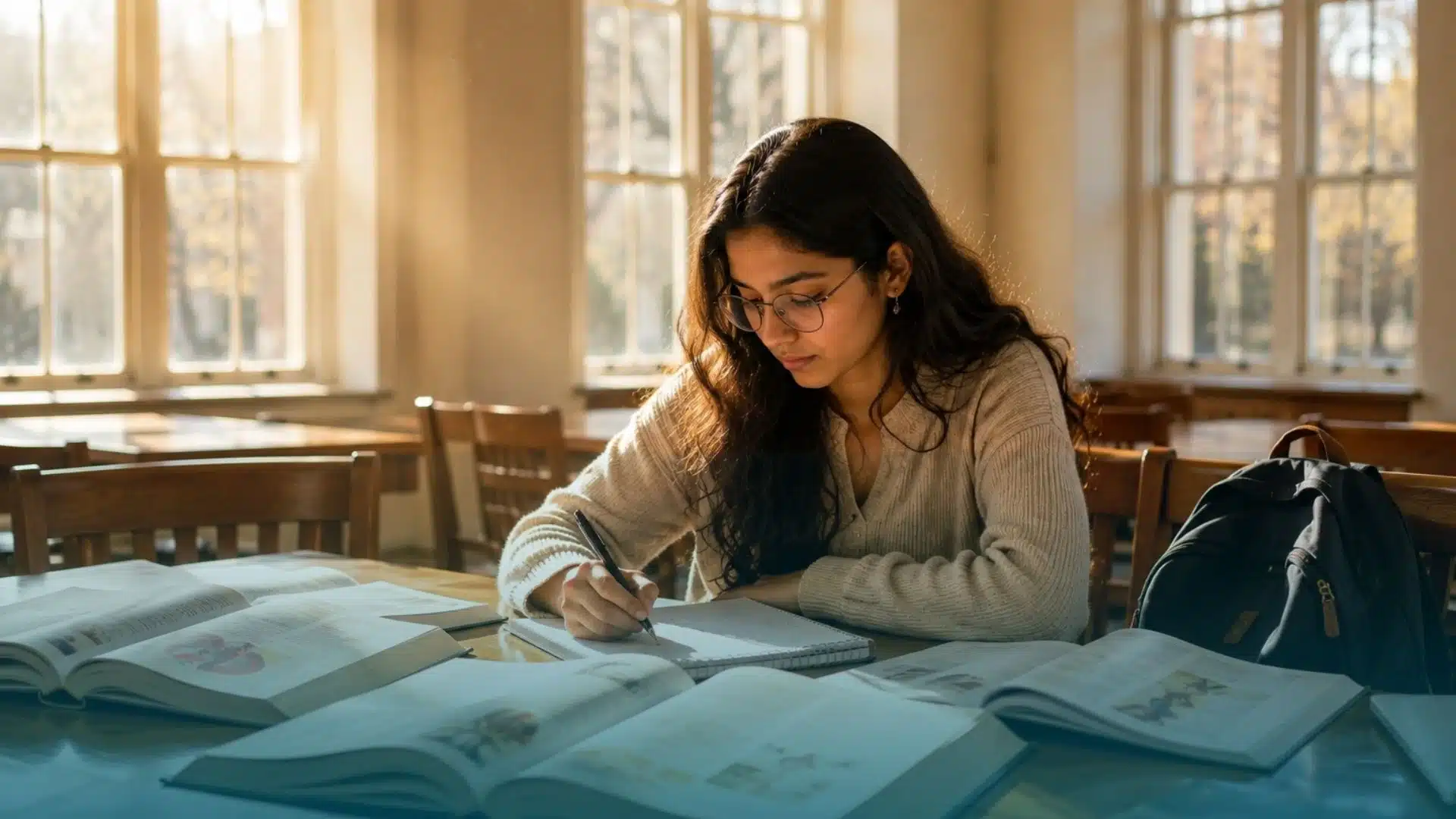 a female pre-med student writing notes at a wooden desk surrounded by open textbooks in a bright sunlit study room