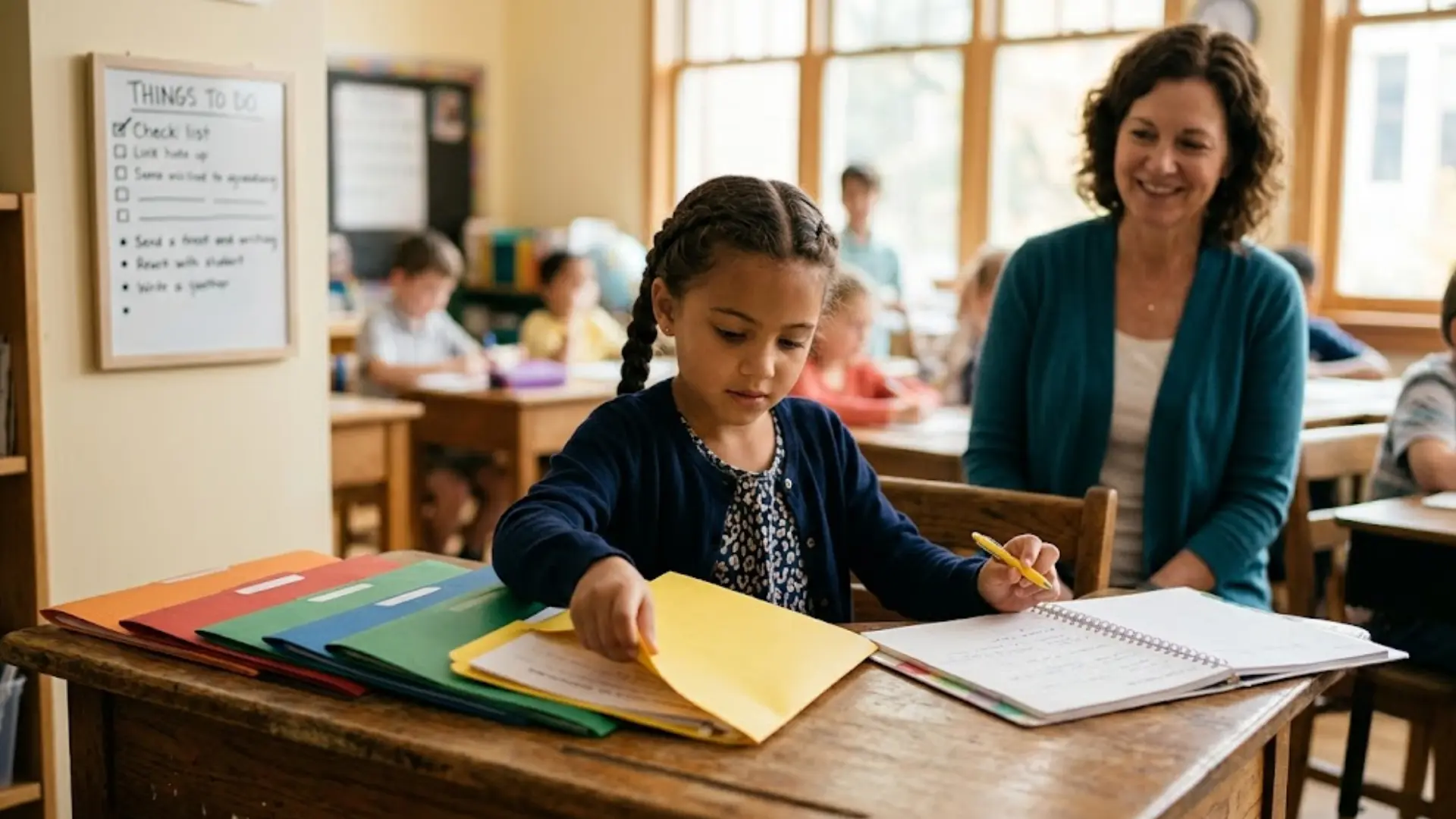 student organizing color coded folders at a classroom desk while a teacher looks on smiling