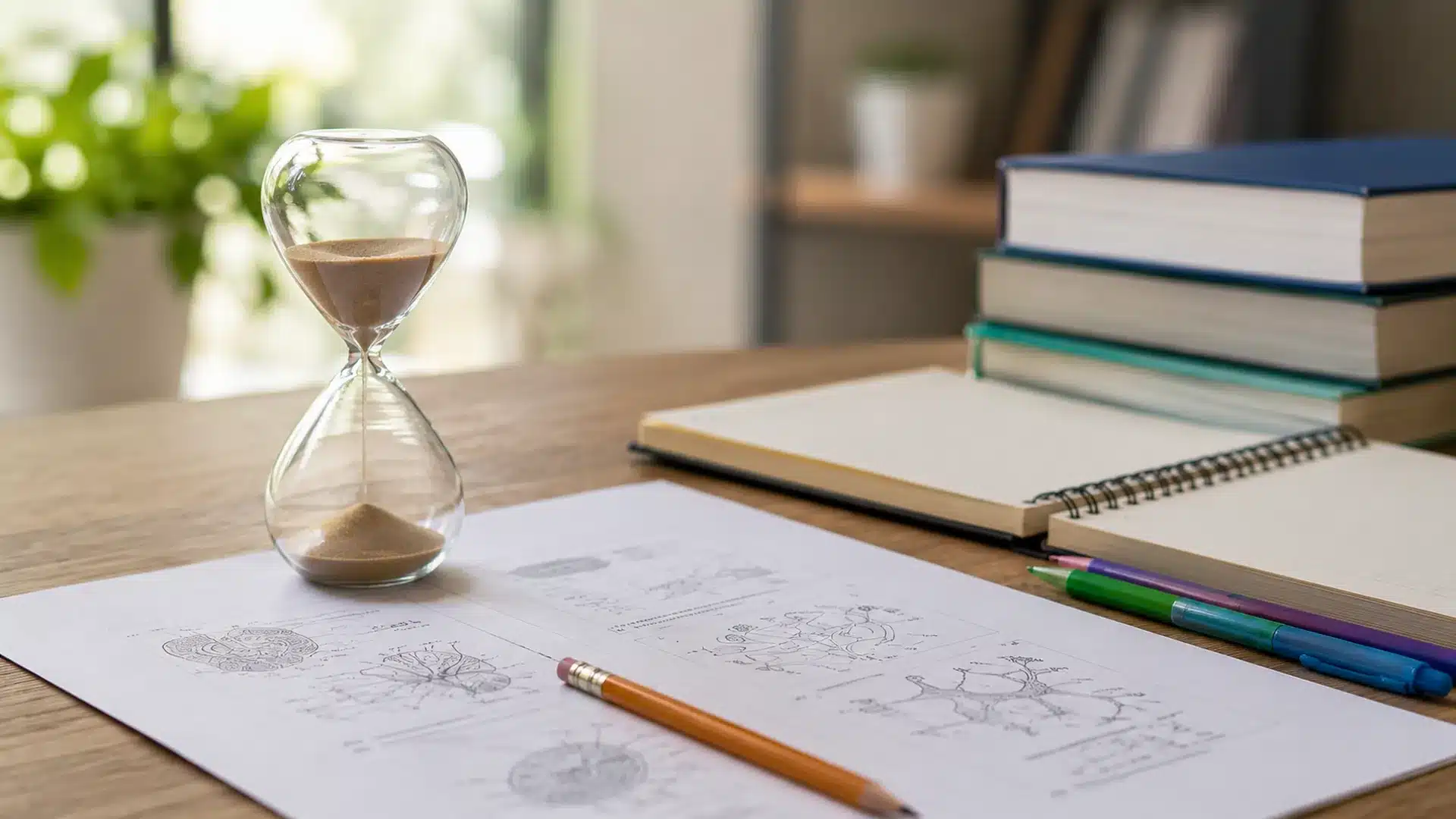 hourglass beside biology study papers, notebooks and books on a clean desk in natural daylight