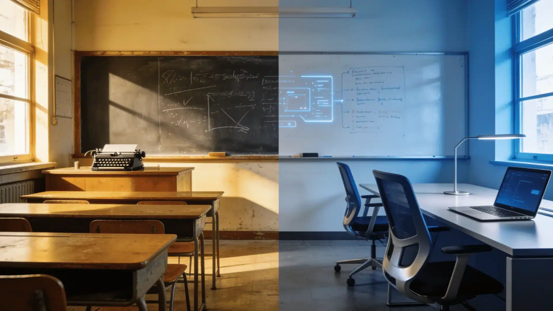 split image showing a traditional classroom and a modern digital learning space, highlighting changes in education and testing practices