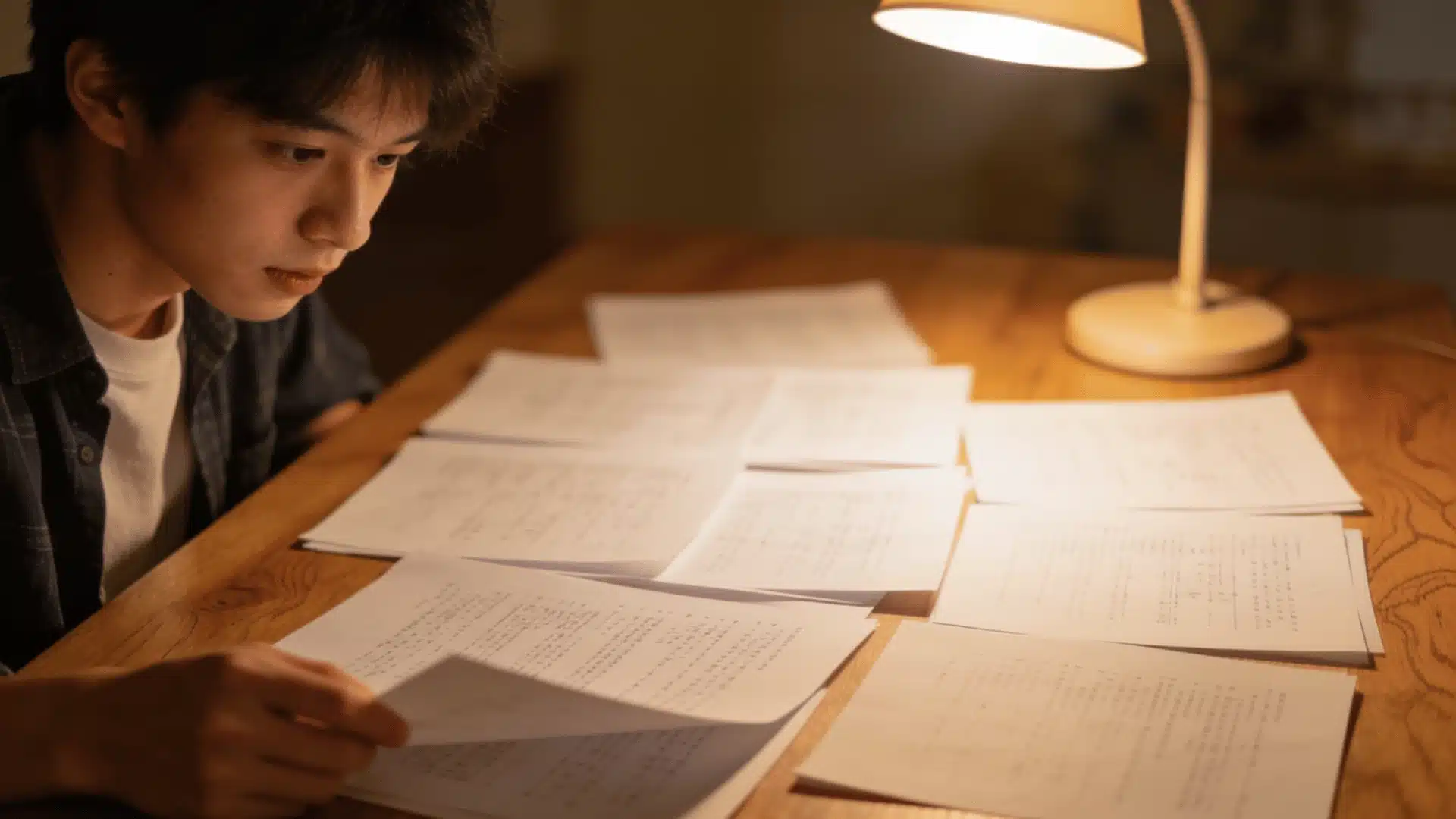 Student reviewing multiple documents under a desk lamp while studying, reflecting focused preparation for college admissions requirements
