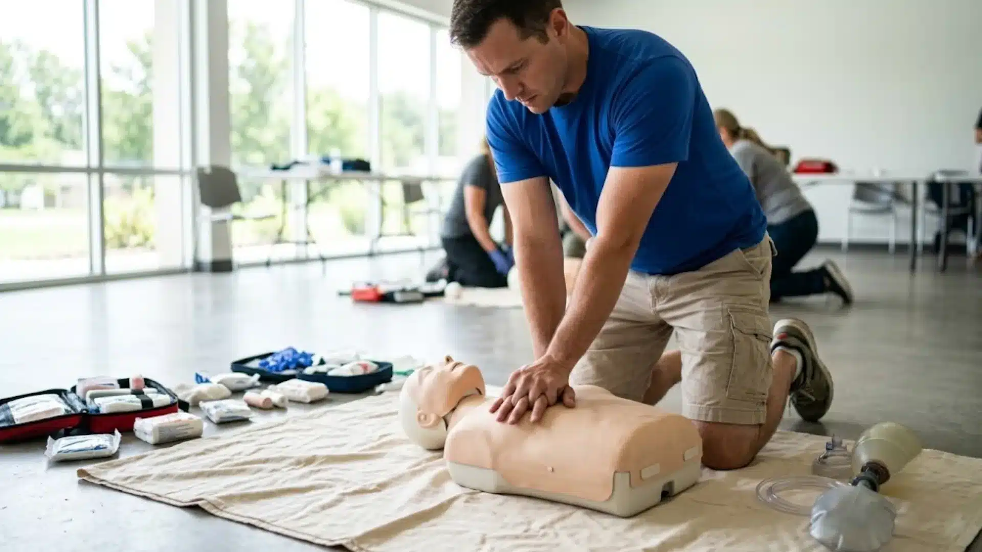 man practices CPR chest compressions on a training mannequin during a bright classroom BLS course