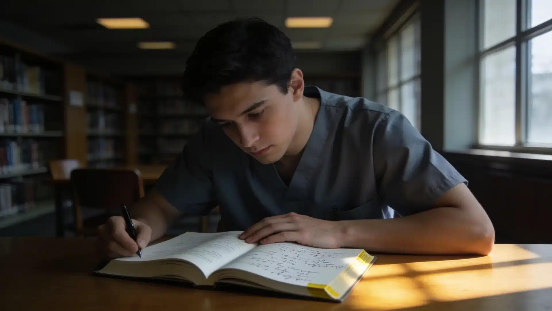 young man in scrubs writing in a notebook at a library table, sunlight streaming through nearby windows