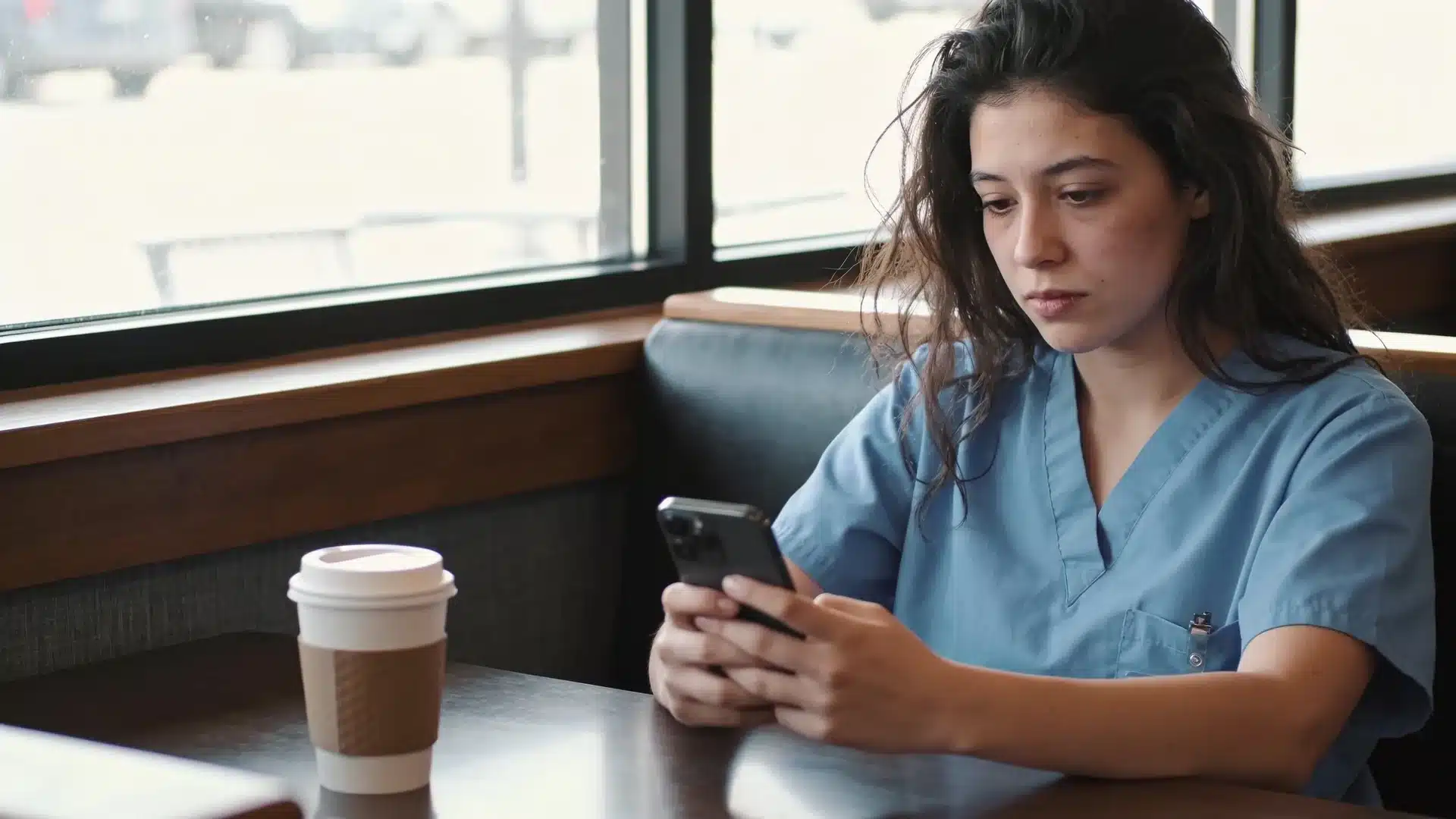 a nursing student in blue scrubs sitting at a coffee shop table checking her phone while waiting for NCLEX results
