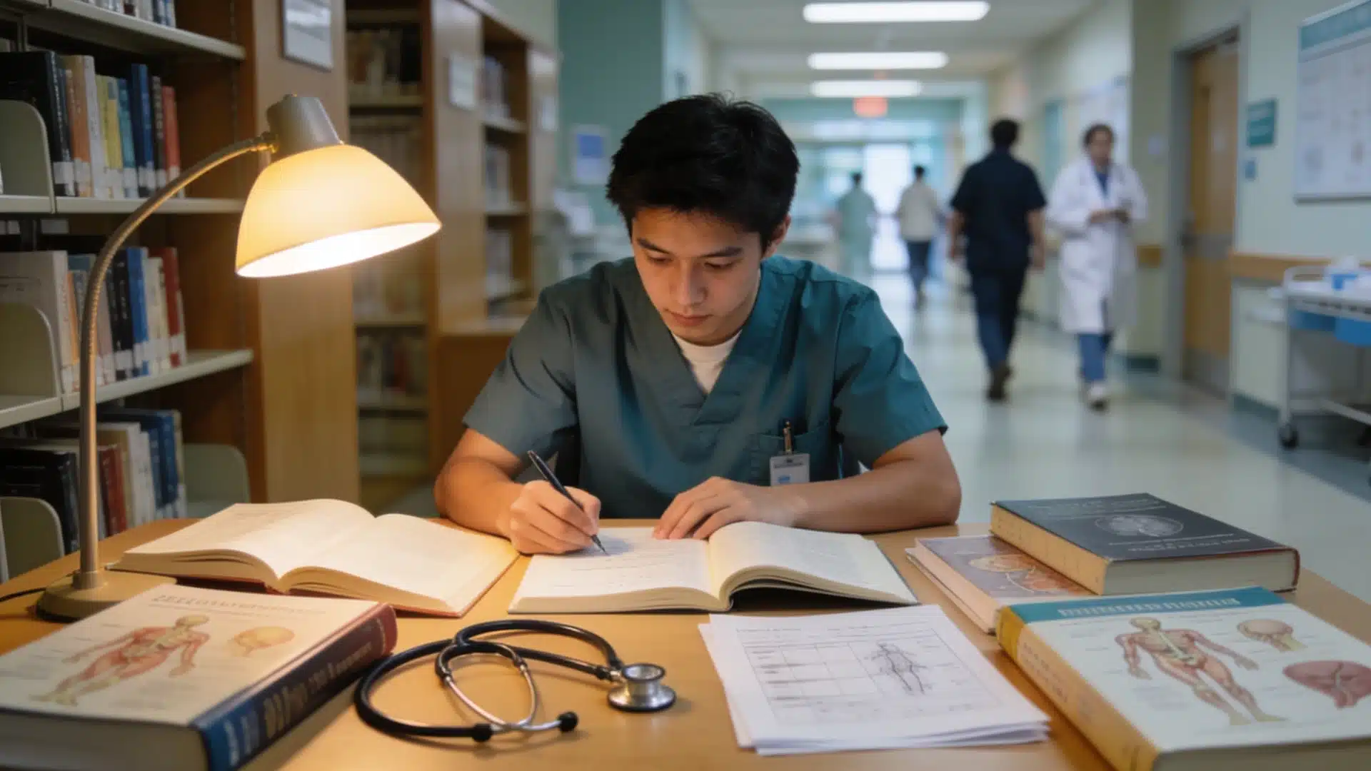 a PA student in scrubs studying anatomy textbooks and clinical notes at a library desk with a hospital corridor visible in the background
