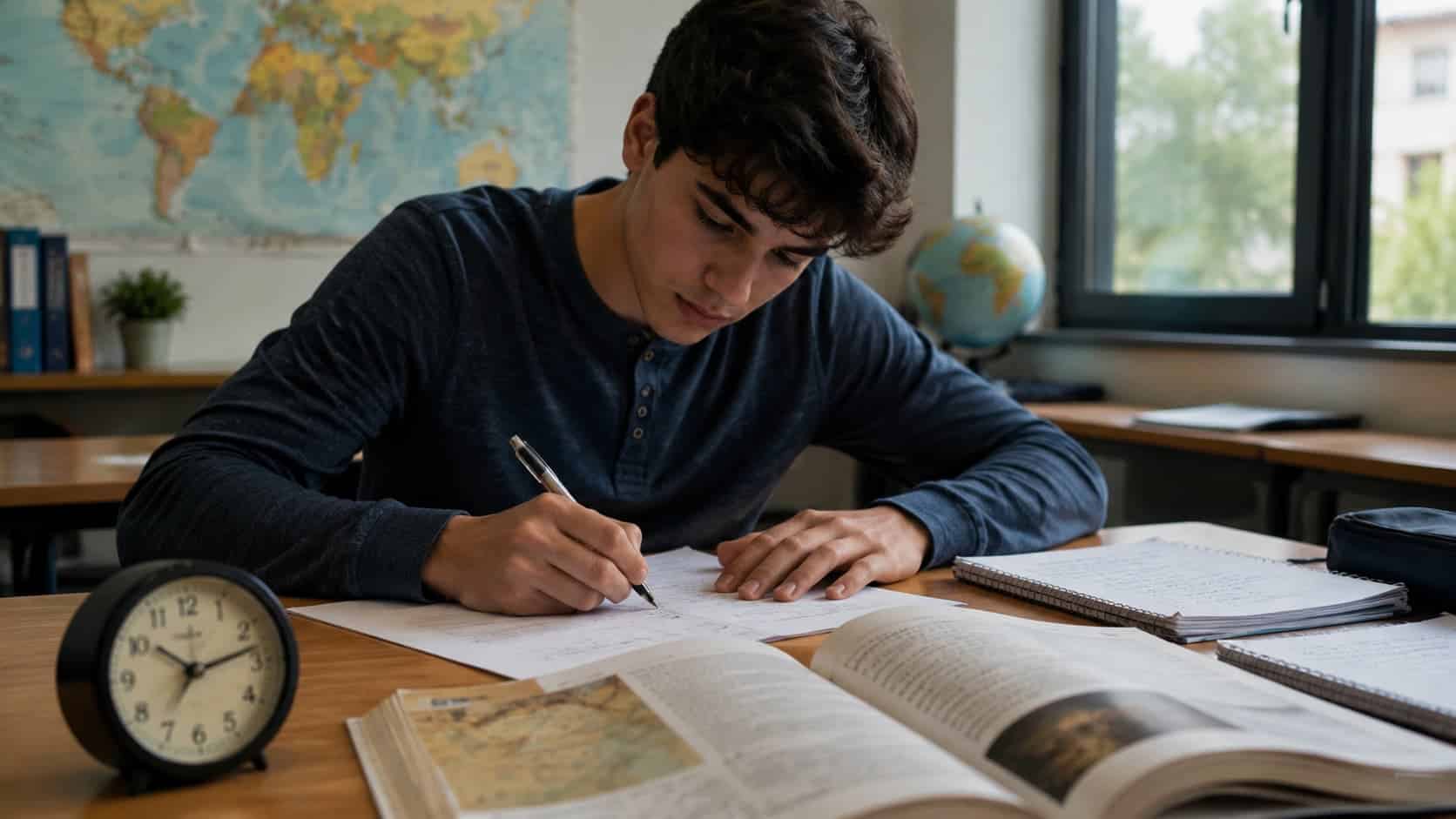 student taking a history practice exam at a desk with notes, textbook, world map, and clock in classroom setting