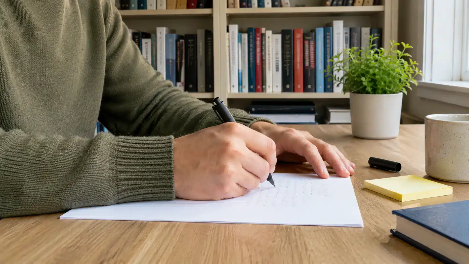 student writing notes at a wooden desk with books, sticky notes, and coffee mug
