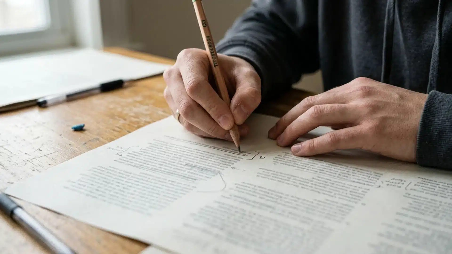 student hands holding a pencil carefully annotating printed reading passages on a wooden desk during an exam