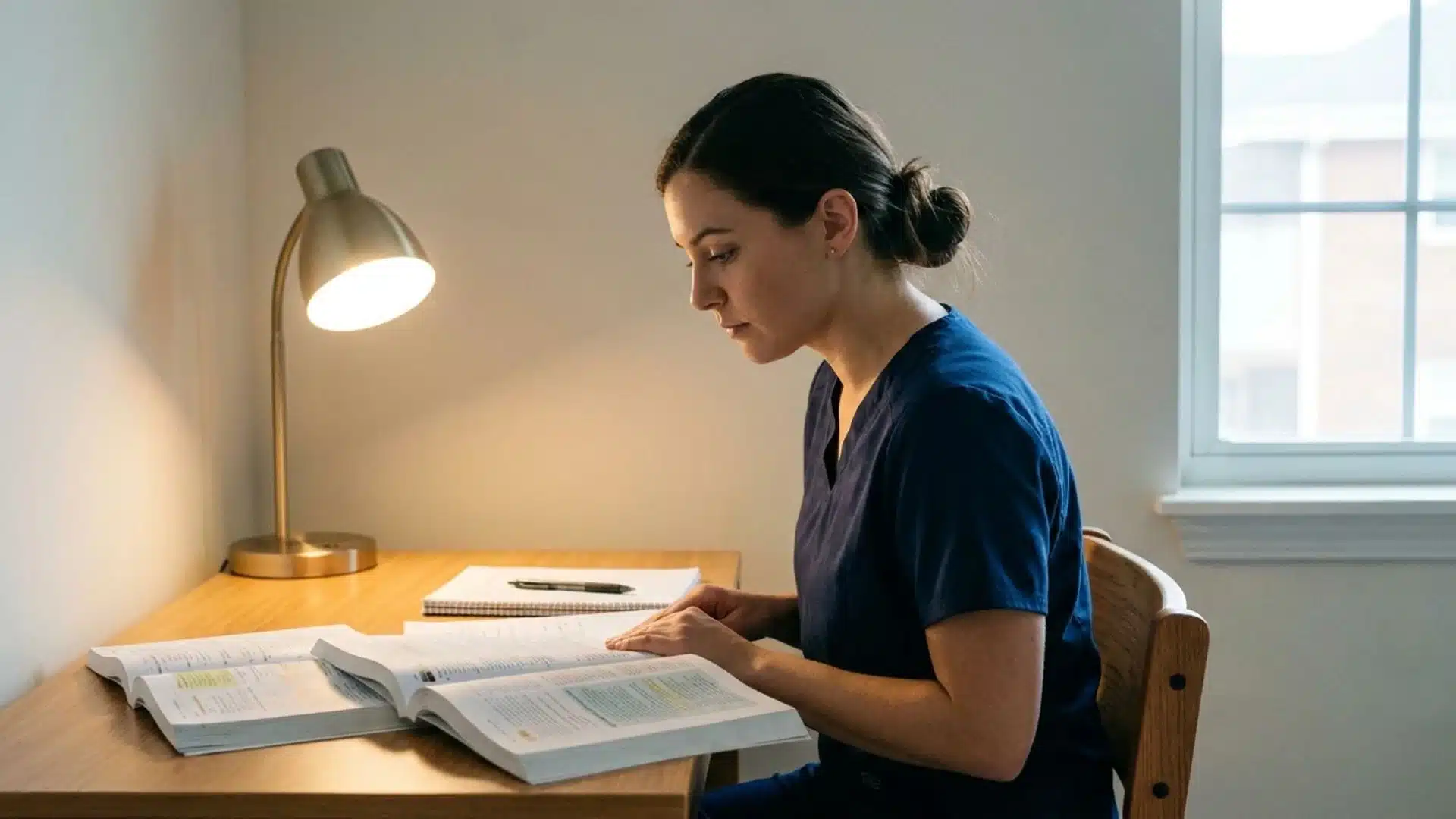 a nursing student in navy scrubs sitting at a wooden desk reading an open textbook under a warm desk lamp