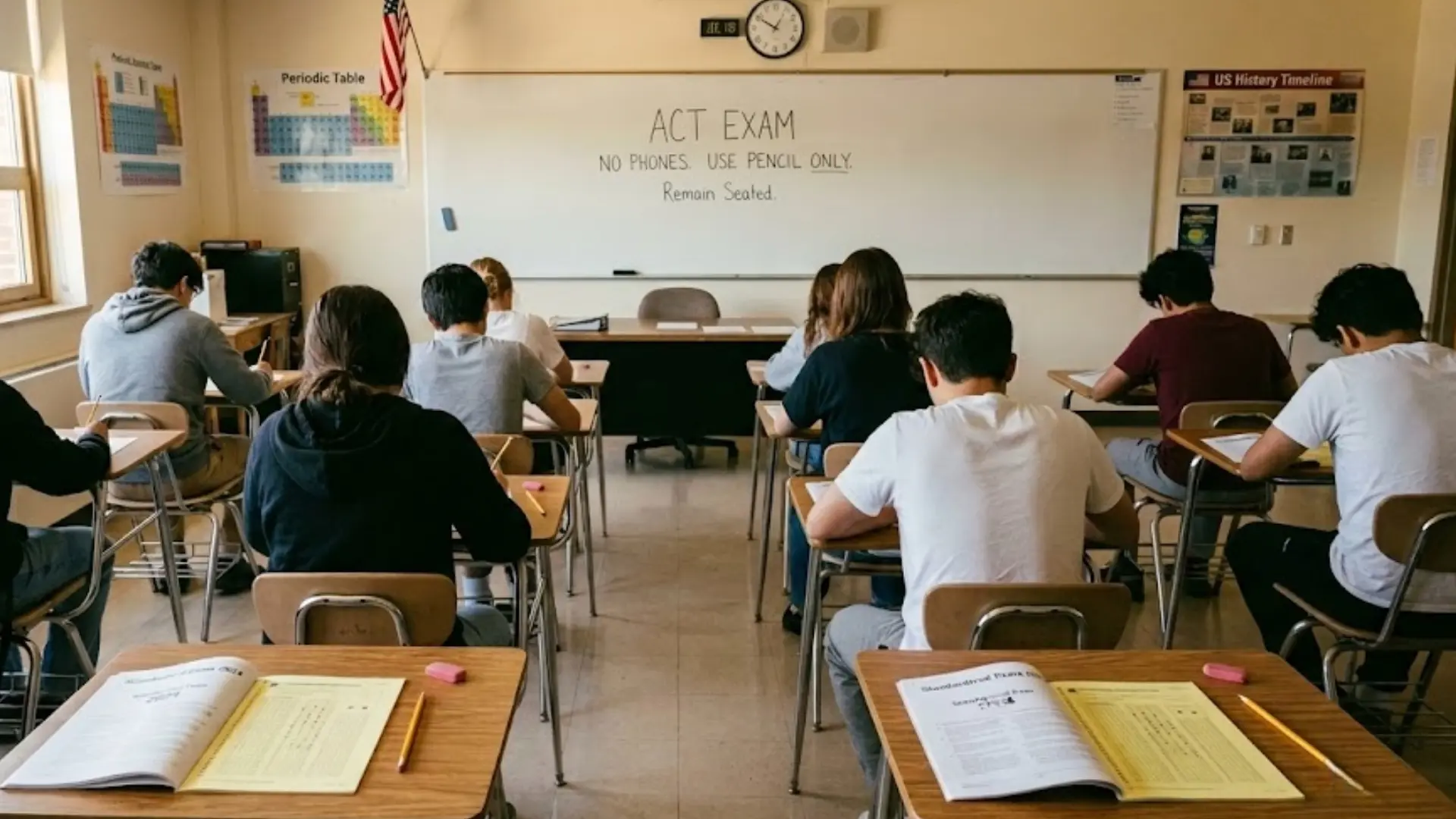 students seated in a classroom taking the act exam with test booklets, pencils, and desks arranged in rows