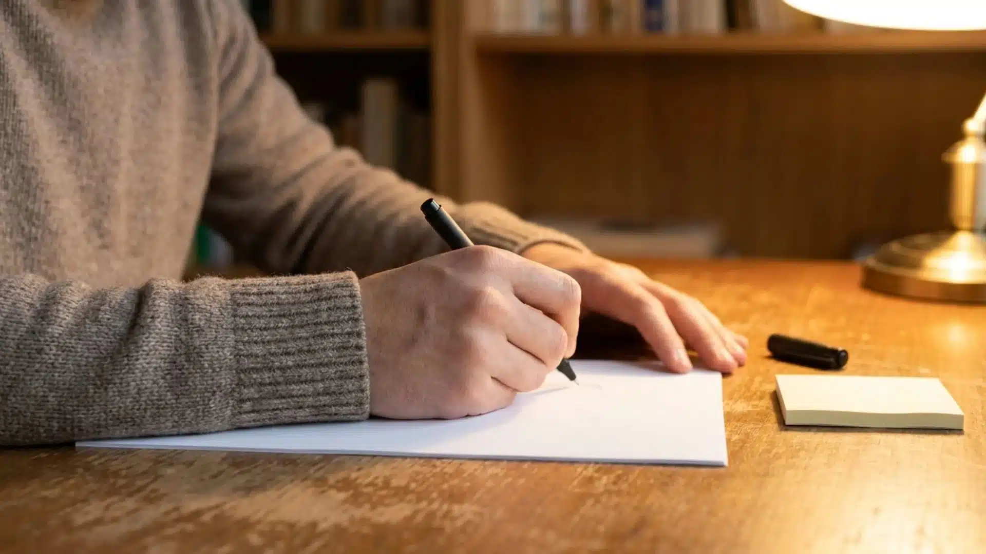 a person writing on blank paper at a wooden desk with a sticky note pad and warm lamp light in the background