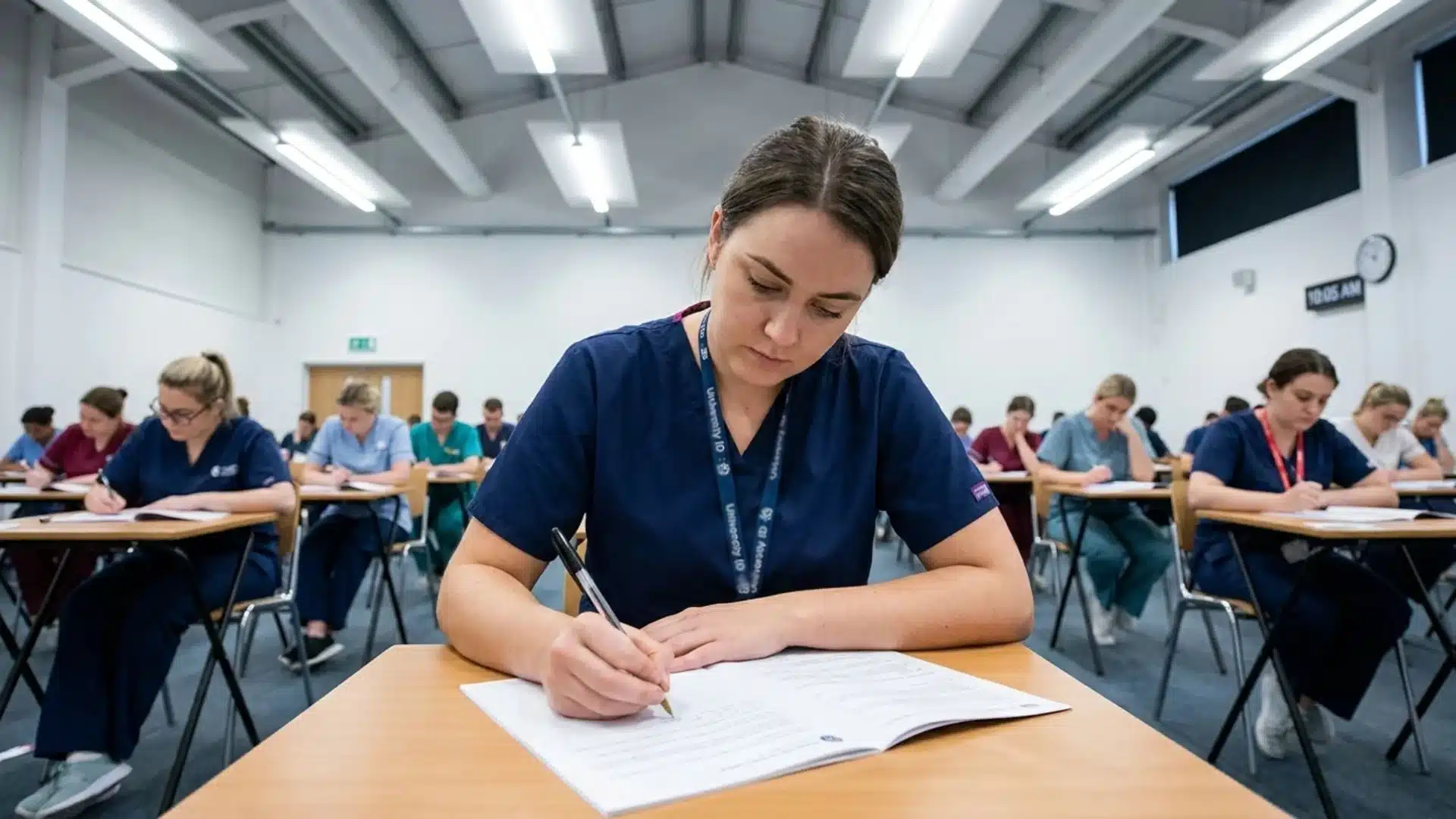 a nursing student in navy scrubs writes her nclex exam at a desk, other candidates filling the hall behind her