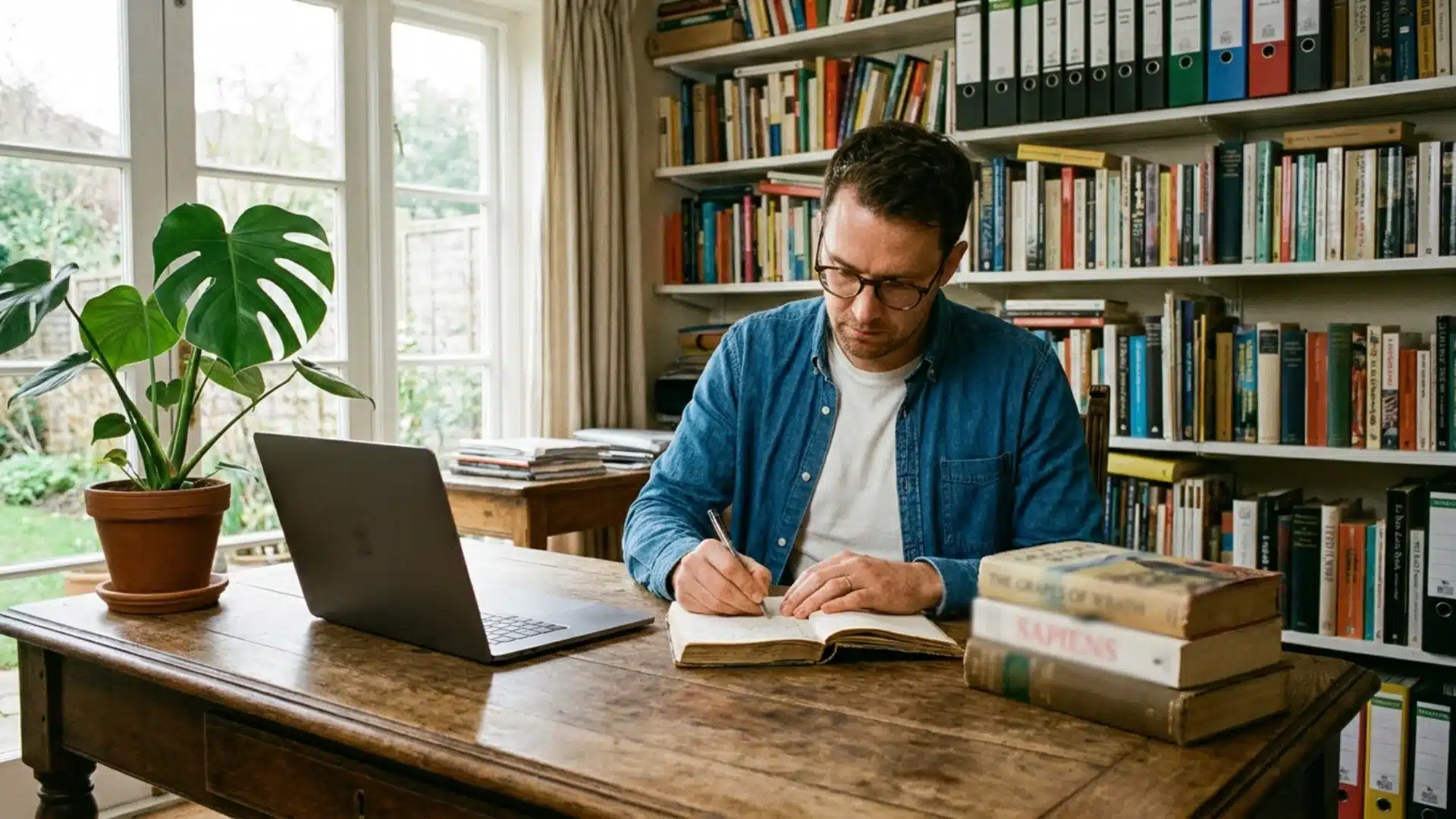 a man wearing glasses writes in an open notebook at a wooden desk beside a laptop, books, and a potted plant