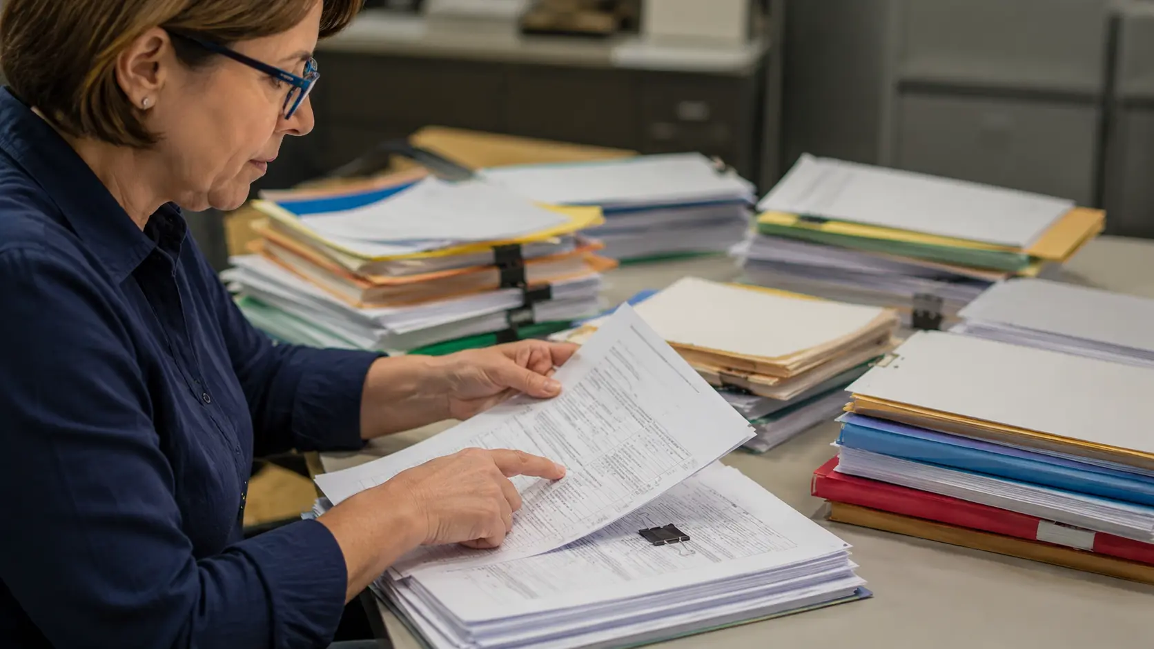admissions officer reviewing application files and academic documents across a professional evaluation desk setup