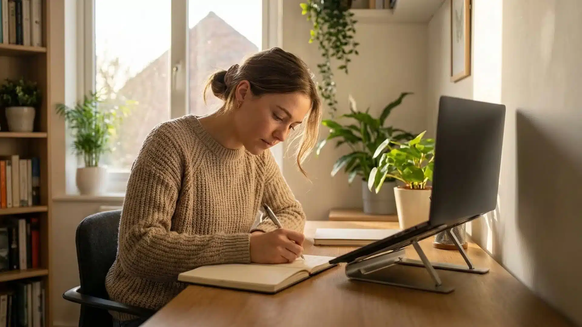 a nursing student writes notes at a sunlit home desk, laptop open beside her, planning her nclex retake