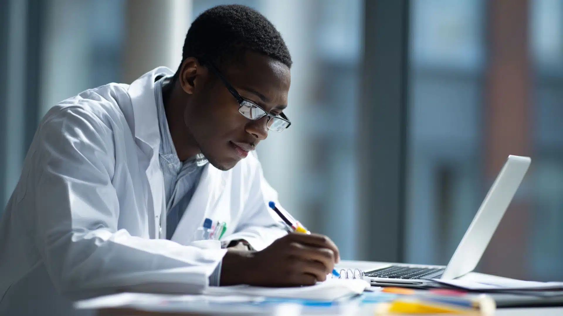 doctor in a white coat writing notes at a desk beside an open laptop by a bright window