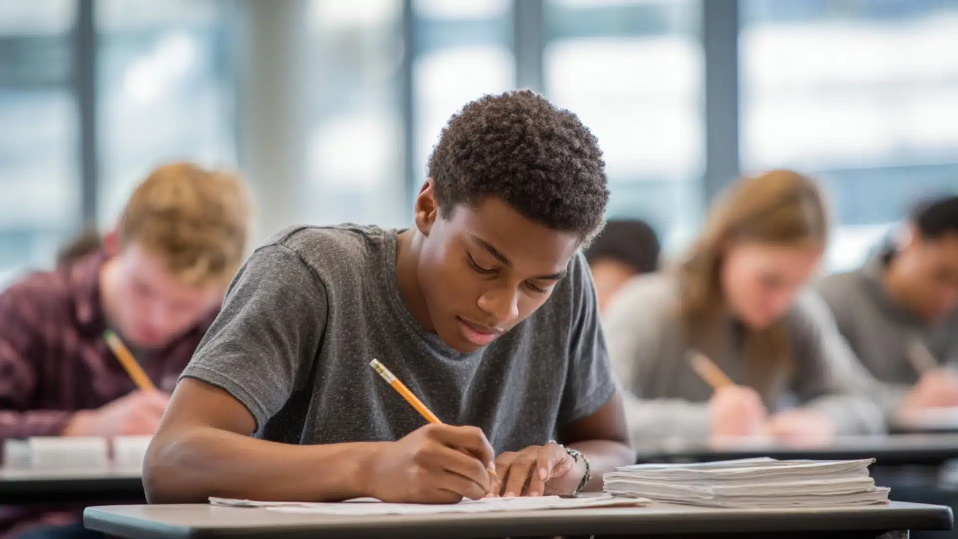 a focused male student writing with a pencil at a classroom desk, with other students working in the background
