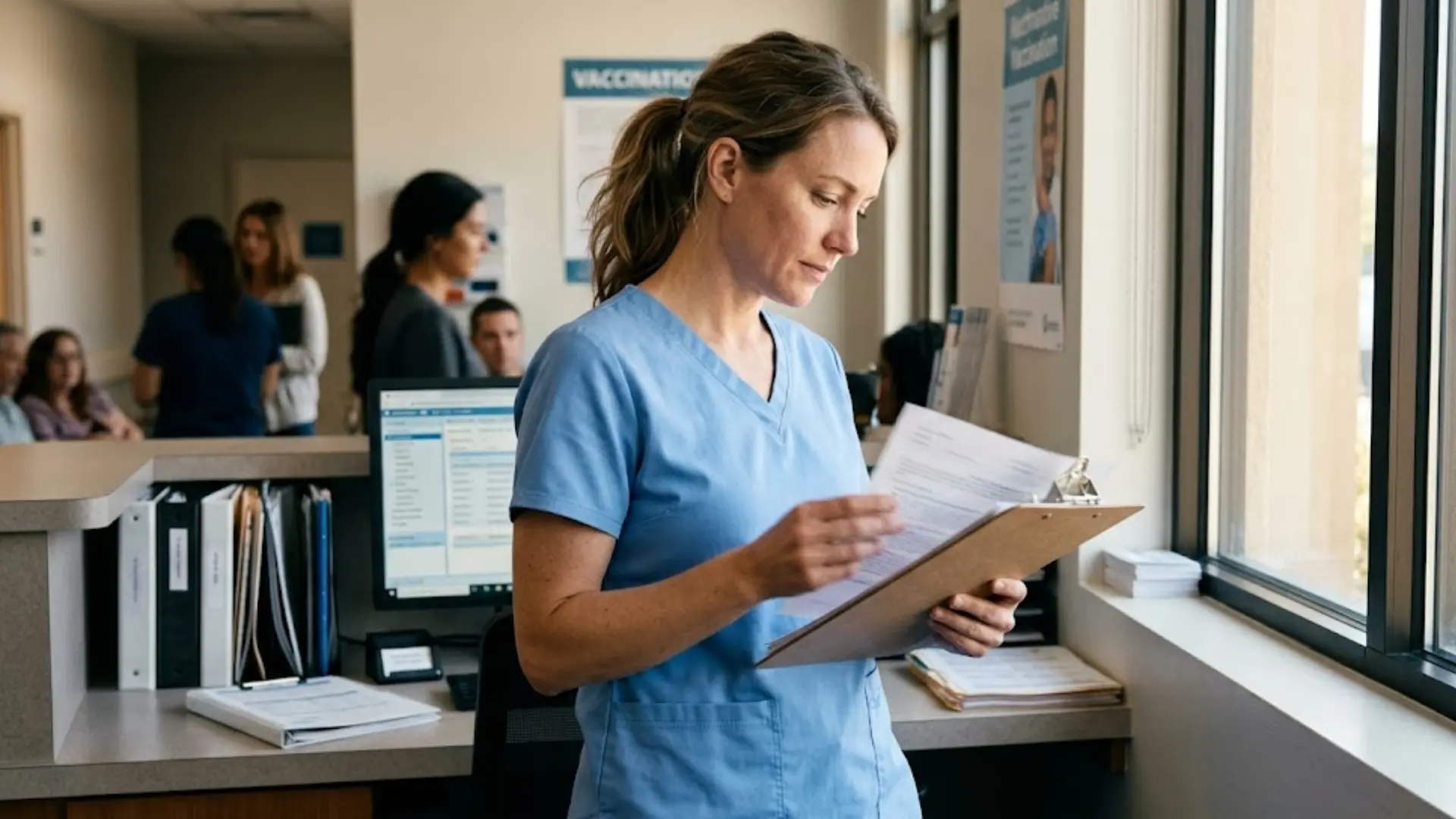 nurse practitioner reviewing a patient chart at a busy clinic workstation beside a sunlit window