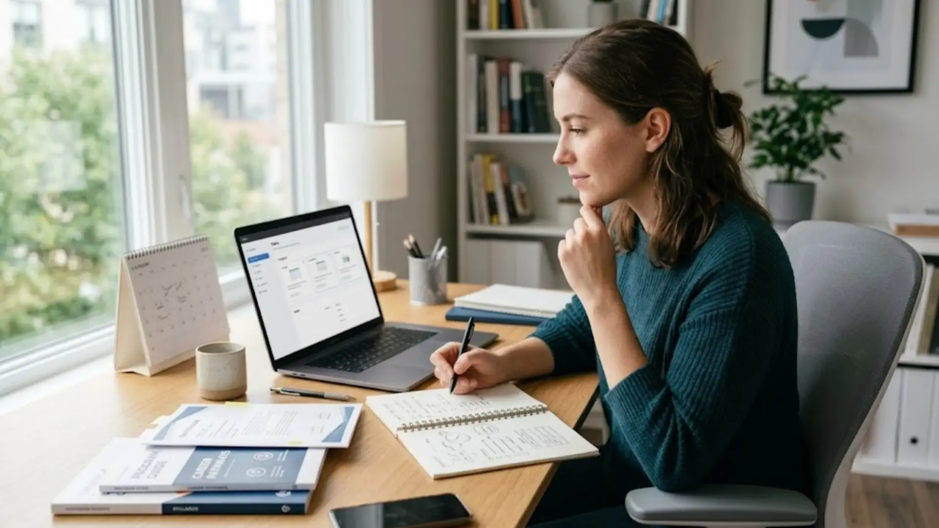 woman comparing certification options on a laptop while taking notes at a home office desk