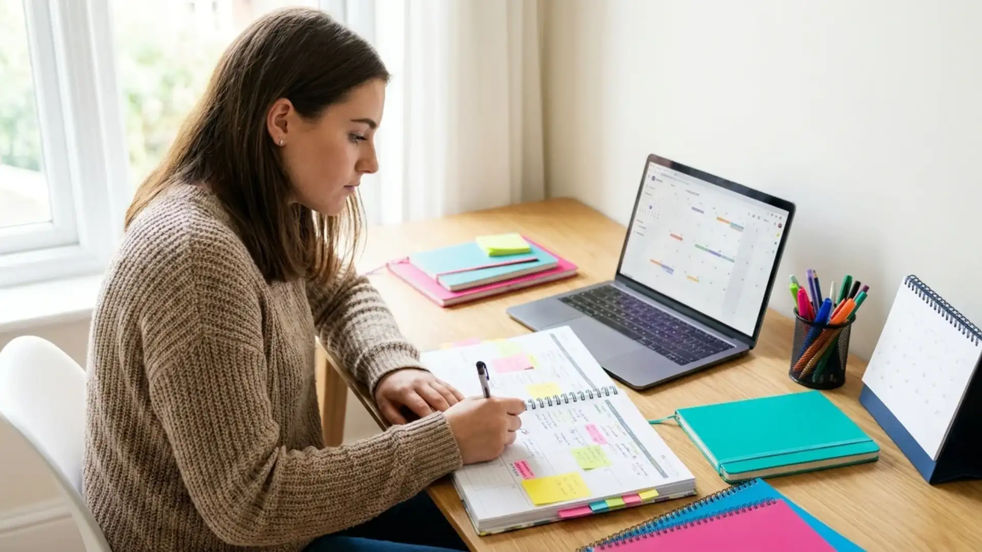 student creating a study schedule with planner, laptop, and study materials
