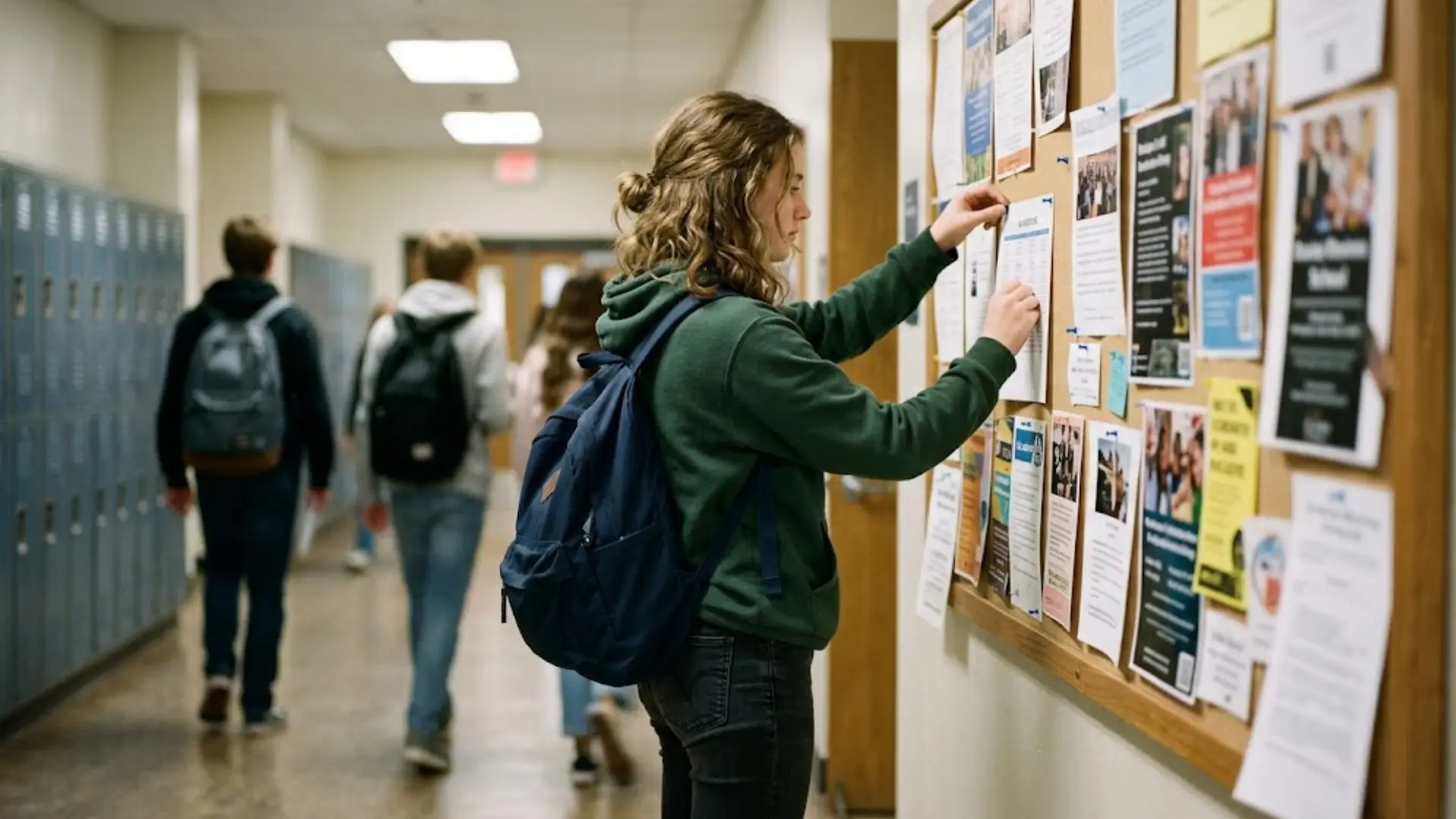 student with backpack reading notices on a school hallway bulletin board as classmates walk nearby