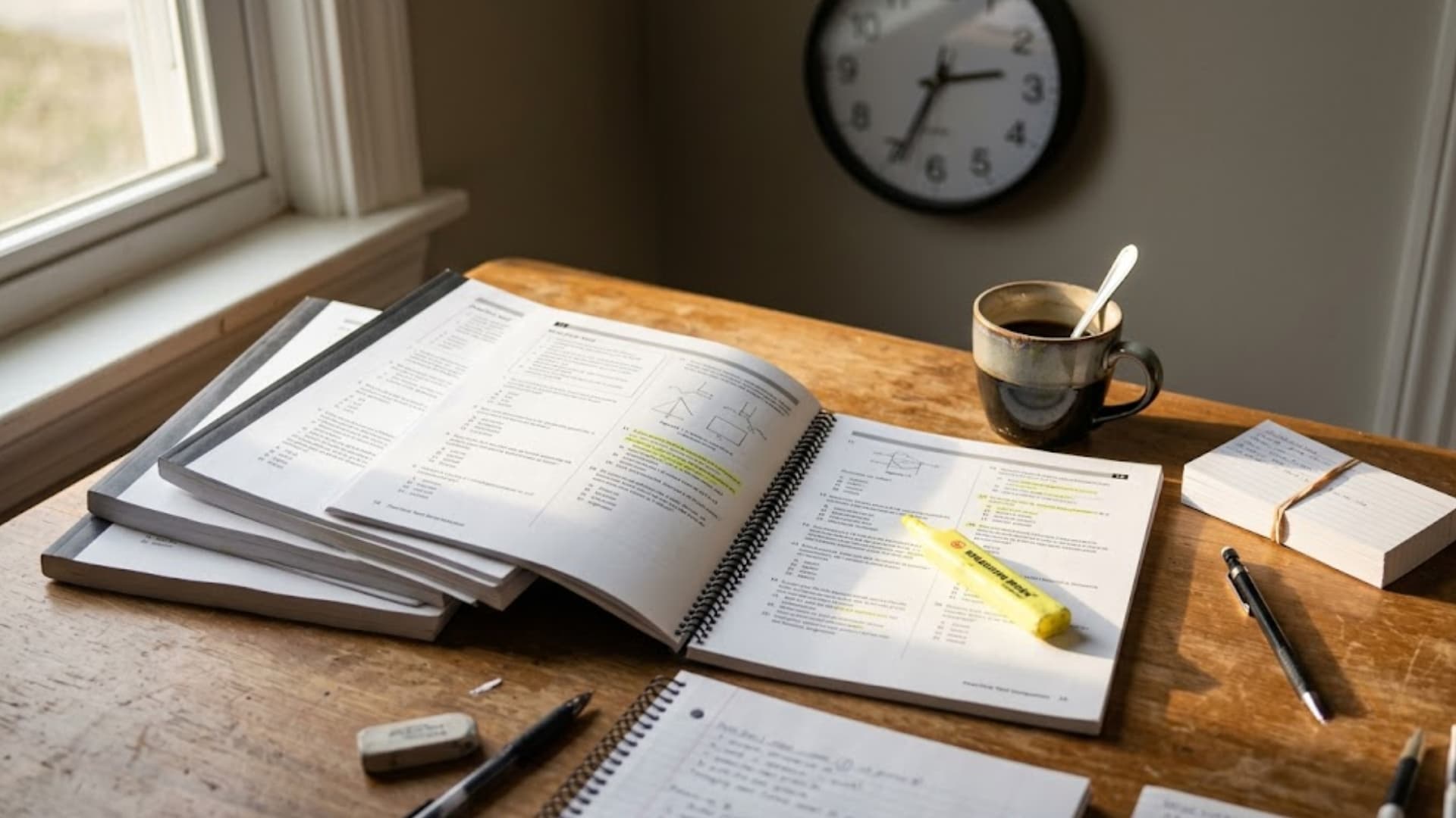 open lsat practice test booklets with highlighted answers on a desk beside coffee and flashcards