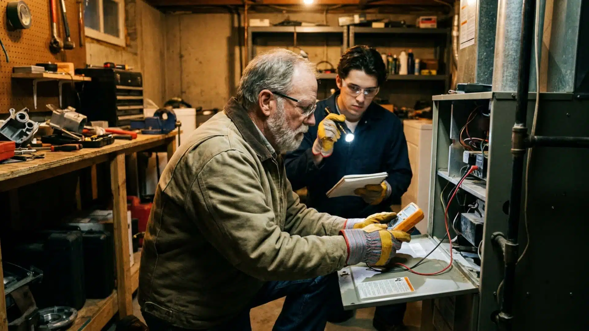 senior hvac technician and young apprentice inspecting a furnace panel in a basement workshop